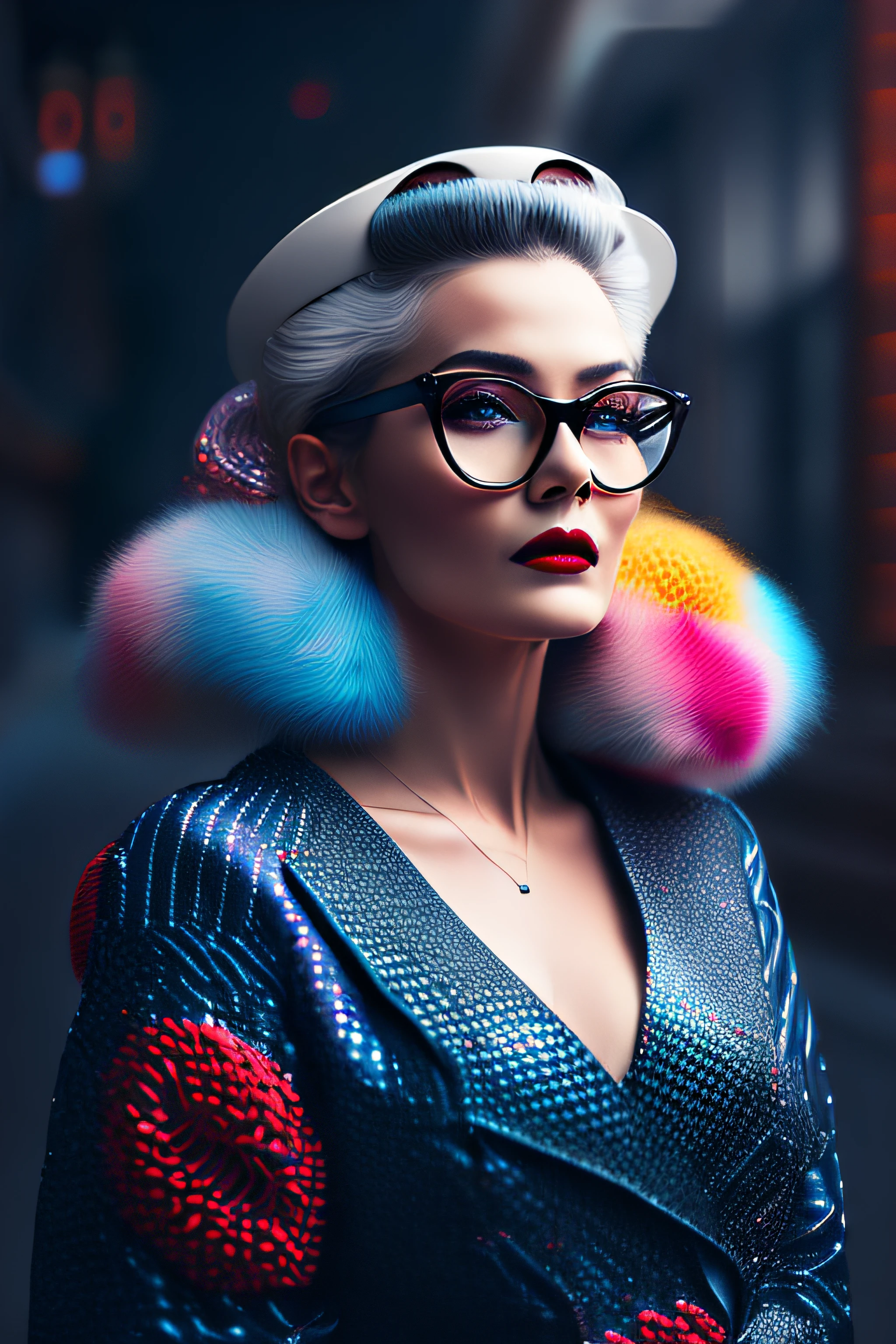 (fashionista portrait WOMAN WITH 70 YEARS, 1950s with intricate colorful modern bright vintage colored glasses), hair with colorful flowers, expression would be, (extremely detailed digital photography: 1.2), standing in the middle of the city, ((((full body)))), raw image,, Hasselblad, 50asa, f8, 12mm, glow effects, godrays, hand drawn, render, 8k, octane render, cinema 4d, blender, dark, atmospheric 4k ultra detailed, sensual cinematic, sharp focus, very serious illustration great depth of field, masterpiece, colors, 3d octane rendering, 4k, concept art, trend in artstation, hyperrealistic, vivid colors, rim light, extremely detailed CG 8k wallpaper unit, trend in ArtStation, trend in CGSociety, Pop Art style by Yayoi Kusama, Intricate, High Detail, dramatic, pure energy, light particles, sci-fi