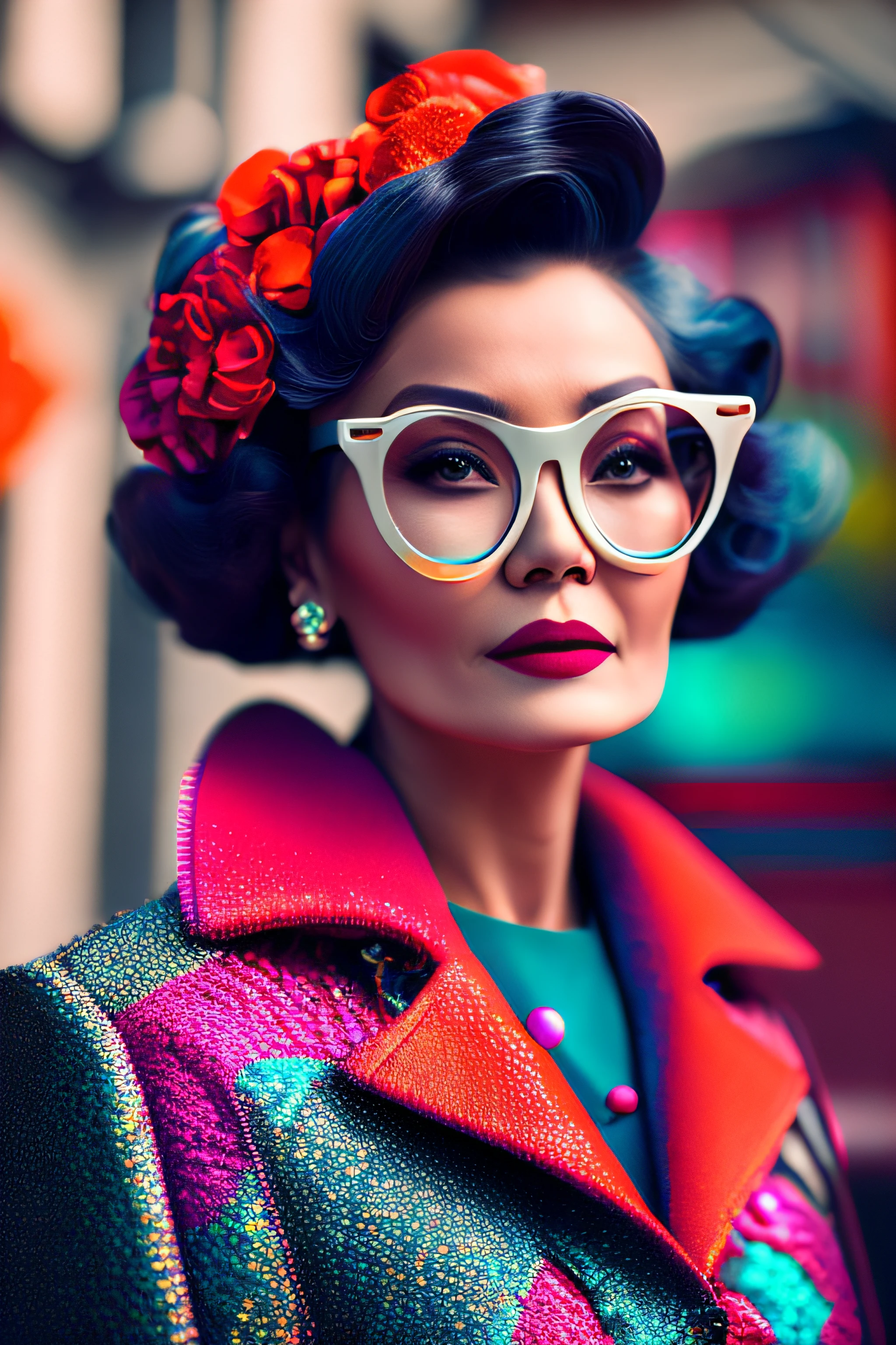 (fashionista portrait WOMAN WITH 70 YEARS, 1950s with intricate colorful modern bright vintage colored glasses), hair with colorful flowers, expression would be, (extremely detailed digital photography: 1.2), standing in the middle of the city, ((((full body)))), raw image,, Hasselblad, 50asa, f8, 12mm, glow effects, godrays, hand drawn, render, 8k, octane render, cinema 4d, blender, dark, atmospheric 4k ultra detailed, sensual cinematic, sharp focus, very serious illustration great depth of field, masterpiece, colors, 3d octane rendering, 4k, concept art, trend in artstation, hyperrealistic, vivid colors, rim light, extremely detailed CG 8k wallpaper unit, trend in ArtStation, trend in CGSociety, Pop Art style by Yayoi Kusama, Intricate, High Detail, dramatic, pure energy, light particles, sci-fi