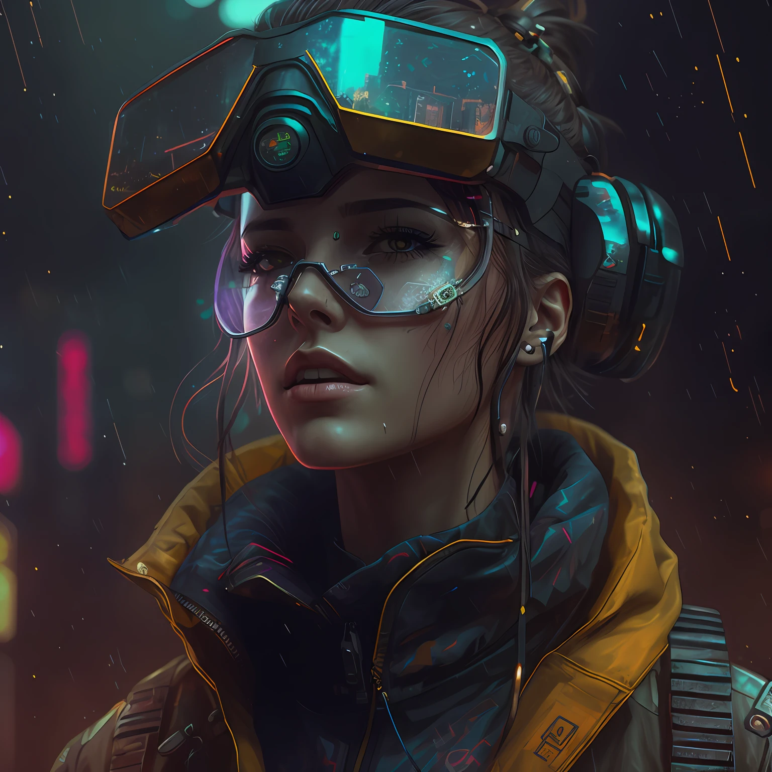 Cybernetic woman with headphones and a gas mask in the rain, estilo cyberpunk hiper-realista, estilo de arte cyberpunk, retrato cyberpunk, pintura digital cyberpunk, cyberpunk themed art, O retrato da cyberpunk, cyberpunk vibes, vibe cyberpunk, Wojtek FUS, advanced digital cyberpunk art, no estilo cyberpunk, estilo de arte cyberpunk, cyberpunk illustration, arte do personagem cyberpunk, meninapunk sonhadora, brilho cyberpunk brilhante