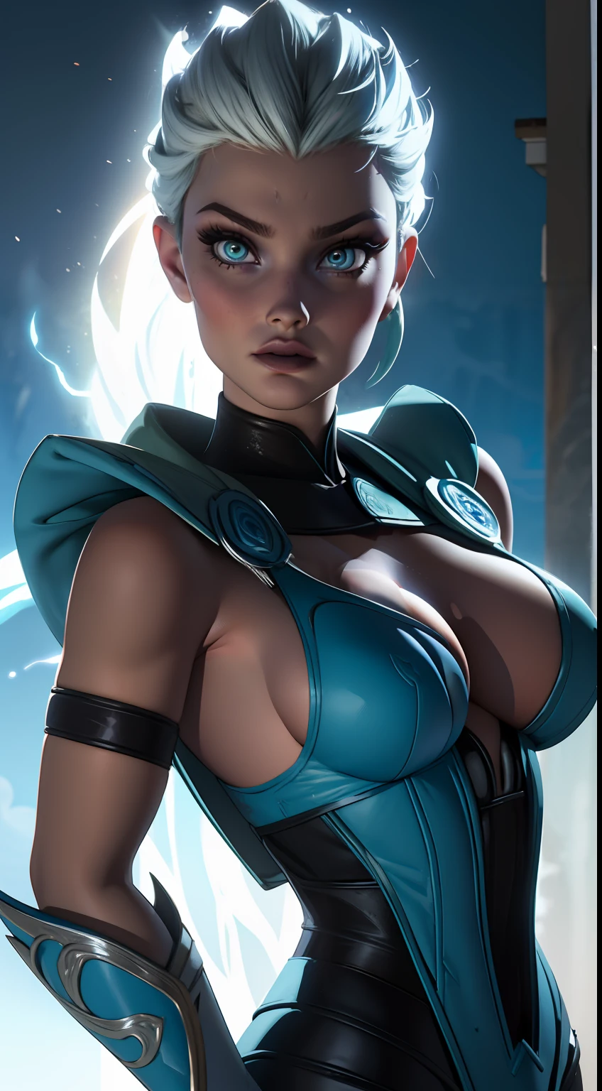 Elsa-Frost melting, Elsa's clothing fusion (Disney) e Frost (Mortal Kombat), Cabelos brancos da Elsa, particulas de gelo, melting, 1girl, Beautiful, (master part:1.2), (melhor qualidade:1.2), ((pose de luta)), ((campo de batalha)), cinemactic, olhos perfeitos, pele perfeita, perfect lighting, sorrir, luz, cor, pele texturizada, detalhe, Beleza, maravilha, ultra-detalhado, rosto perfeito