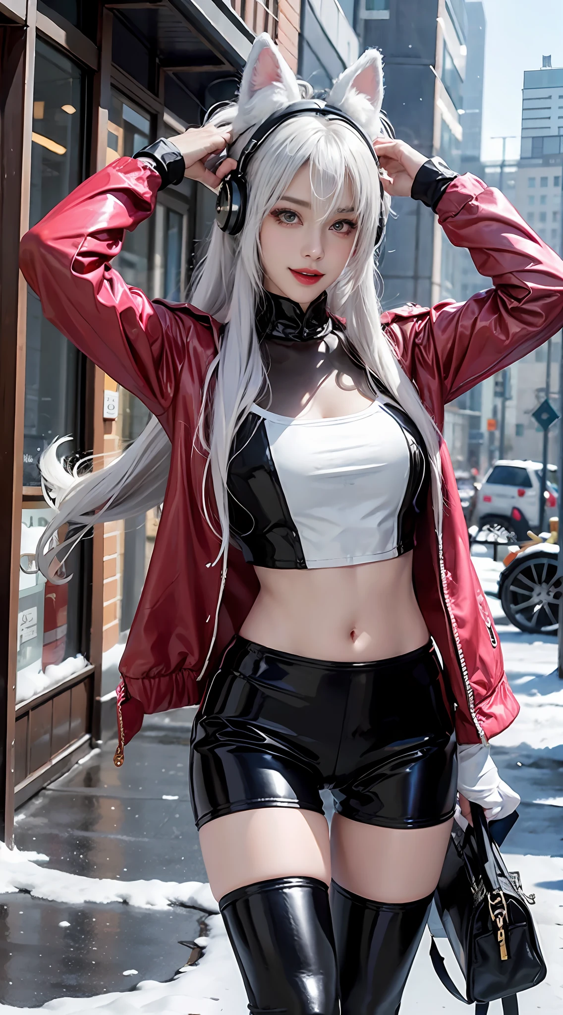 (RAW Photo, Best Quality, Masterpiece: 1.2), (Realistic, Photo Realistic: 1.4), (Masterpiece: 1.4), (Best Quality: 1.4), 1 Girl, Solo, :d, Animal Ear Headphones, Animal Ears, Arms Up, Bangs, Blush, Tights, Breasts, Rabbit Pose, Clothes Writing, Covering Belly Pollar, Denim Shot, Crop Jacket, Fake Animal Ears, Gloves, Outdoor, Morning, Snow, Hair Intake, Headphones, Impossible Tights, Impossible Clothes, Jacket, Room, Latex , latex tights, long hair, long sleeves, looking at the audience, room, multicolored gloves, open mouth, pink tights, pink eyes, red eyes, red jacket, shiny clothes, shrugged\(clothes\), sideburns, skin tightness, smile, thigh gaps, thighs, double tails, very long hair, white gloves, white hair, alice \ (nikke\), (shiny skin), reality,