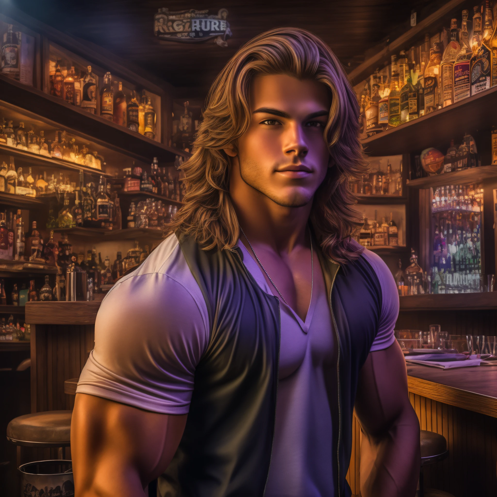 An 18-year-old boy bodybuilder, embodying the perfect fusion of Joey Lawrence and Cody Calafiore with long hair, exuding an aura of strength and confidence. Enhanced with HDR technology, this image depicts a true masterpiece, 4K resolution, flawless anatomy, 1950's roadhouse bar, night photography, neon