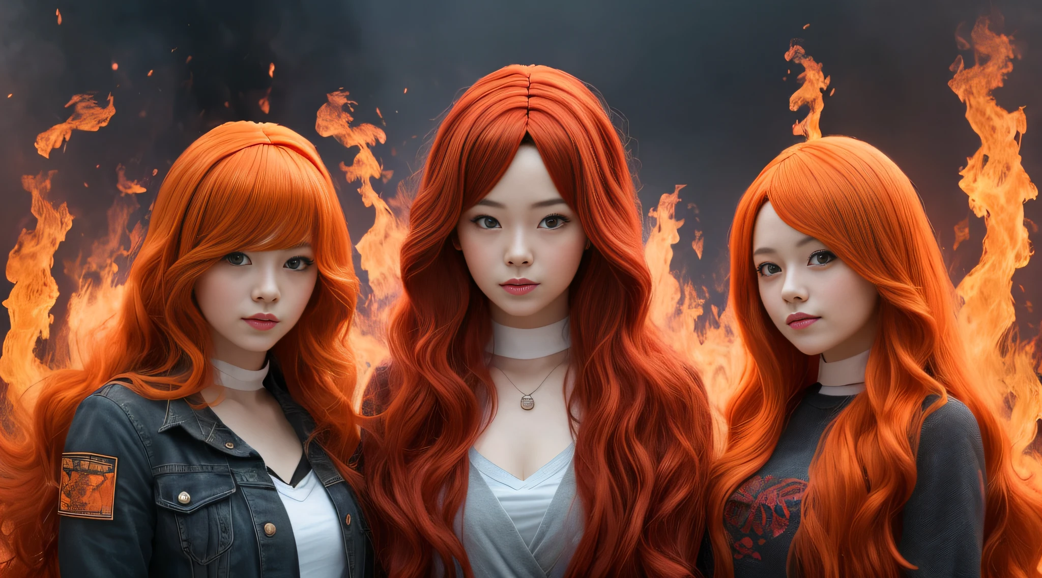 three girls with long red hair and red wigs posing for a picture, red glowing hair, orange glowing hair, long glowing red hair, infrared hair, red hair girl, orange skin and long fiery hair, hair like fire, red hair and attractive features, long fire hair, long orange hair, perfect android girl family, by Bernardino Mei, fiery red hair