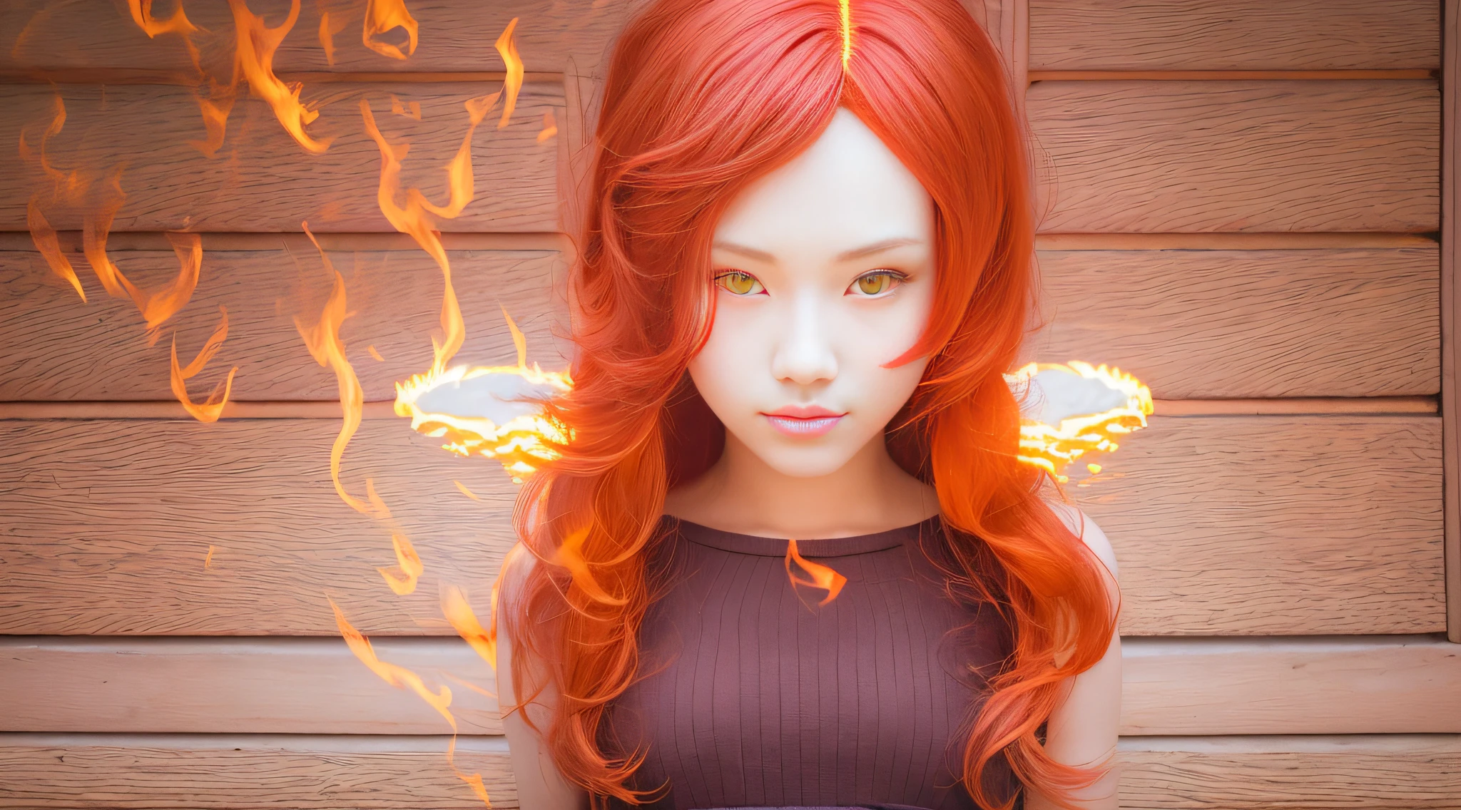 three girls with long red hair and red wigs posing for a picture, red glowing hair, orange glowing hair, long glowing red hair, infrared hair, red hair girl, orange skin and long fiery hair, hair like fire, red hair and attractive features, long fire hair, long orange hair, perfect android girl family, by Bernardino Mei, fiery red hair
