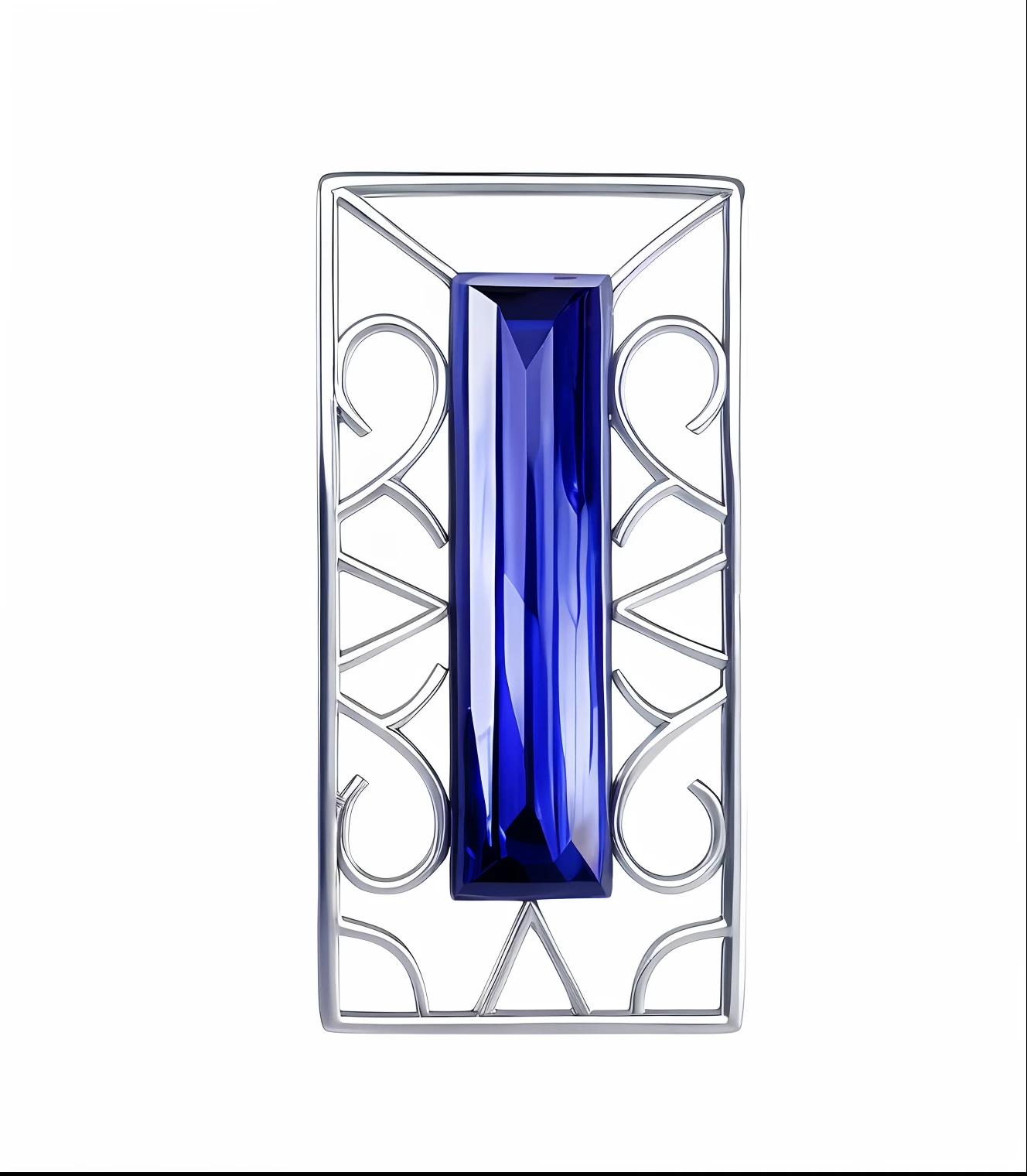 Close up of blue stone in silver frame, carved from sapphire stone, silver and sapphire, Sapphire, Rectangular, blue jewellery, Vista view, Inspired by Charles Rennie Mackintosh, tiara with sapphire, Renders, depicted as a 3 d render, featuring rhodium wires, Ultramarines, Art Nouveau ( 1 9 2 2 ), artistic décor, embedded with gemstones
