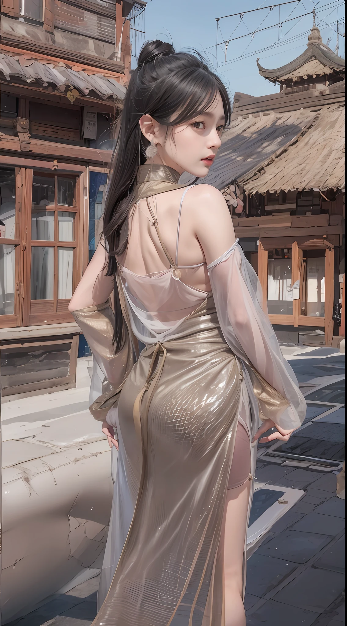 (tmasterpiece,k hd,hyper HD,16k)brunette color hair,15 year old girl,Multi-layer gauze skirt,Emphasis on thin waist,blusher,Soft lips,Glossy lips,,Soft hair like slippery silk,Sparkling,Almost reluctant to look away,She wears a suspender cheongsam!Imagine that,She just wore a suspender cheongsam to shop in the bustling Sanlitun,One can't help but want to take a closer look。Take a closer look, desi,Her belly pocket is quite stylish,The skirt flutters in the wind,It's like adding a touch of energy to the whole street,Crocodile skin train,A sneak peek angle,(From the angle below),Sit in a train python seat,sitting in front,Zoom camera,head portrait,Head down and sleepy-eyed,Look at the ground, best qualtiy, hyper HD, (realisticlying:1.4),, A high resolution, the detail, RAW photogr, Sharp Re, Nikon D850 Film Stock Photo by Jefferies Lee 4 Kodak Portra 400 Camera F1.6 shots, Rich colors, ultra-realistic vivid textures, Dramatic lighting, Unreal Engine Art Station Trend, cinestir 800,