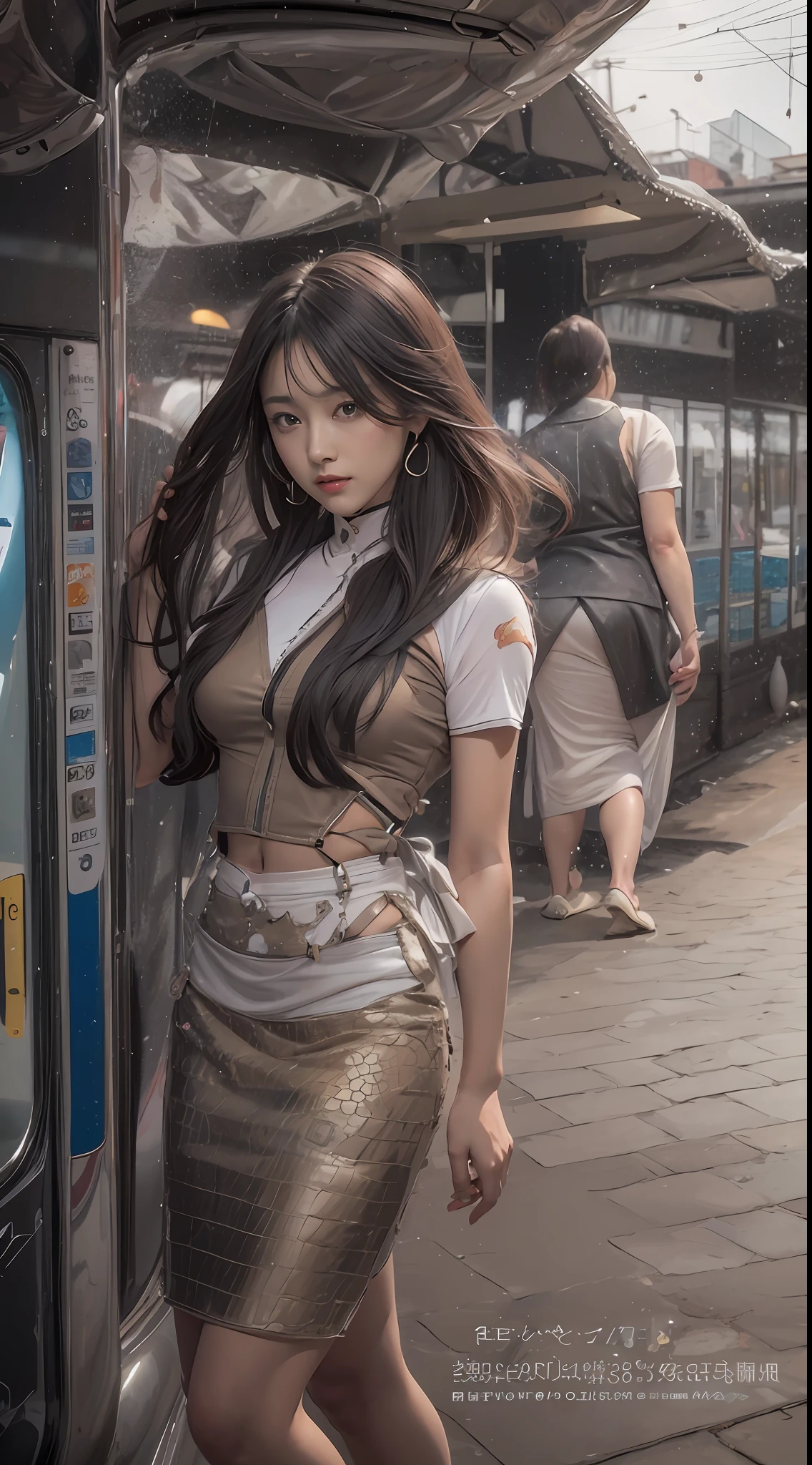 （tmasterpiece，k hd，hyper HD，16k）brunette color hair，15 year old girl，Multi-layer gauze skirt，Emphasis on thin waist，blusher，Soft lips，Glossy lips，，Soft hair like slippery silk，Sparkling，Almost reluctant to look away，She wears a suspender cheongsam！Imagine that，She just wore a suspender cheongsam to shop in the bustling Sanlitun，One can't help but want to take a closer look。Take a closer look, desi，Her belly pocket is quite stylish，The skirt flutters in the wind，It's like adding a touch of energy to the whole street，Crocodile skin train，A sneak peek angle，（From the angle below），Sit in a train python seat，sitting in front，Zoom camera，head portrait，Head down and sleepy-eyed，Look at the ground， best qualtiy， hyper HD， （realisticlying：1.4），， A high resolution， the detail， RAW photogr， Sharp Re， Nikon D850 Film Stock Photo by Jefferies Lee 4 Kodak Portra 400 Camera F1.6 shots, Rich colors, ultra-realistic vivid textures, Dramatic lighting, Unreal Engine Art Station Trend, cinestir 800，