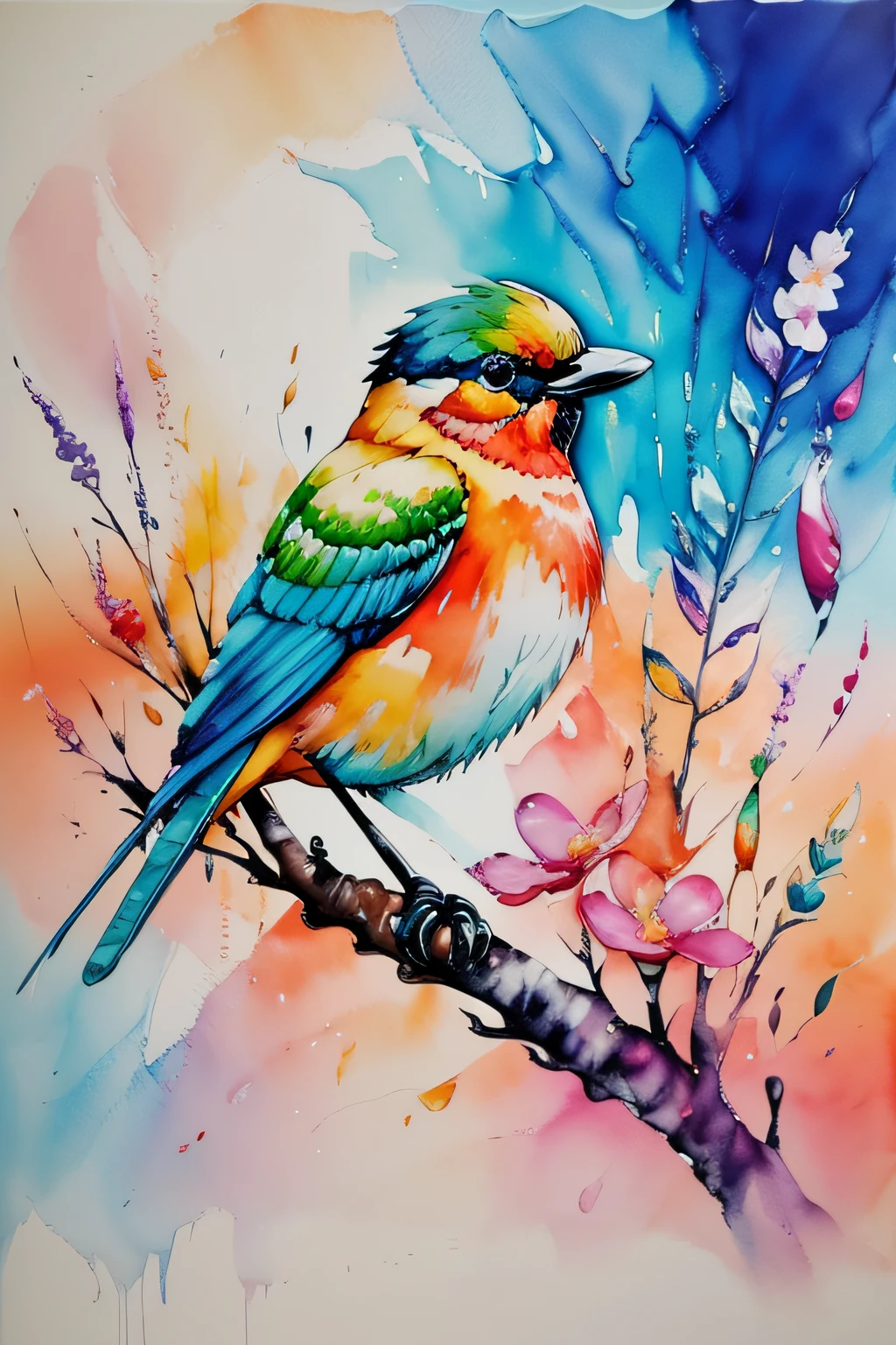 bird, sunrise, flower field, Alcohol ink and impasto mix painting,  explosion, 
yang08k,  beautiful,  colorful,
masterpieces, top quality, best quality, official art, beautiful and aesthetic,