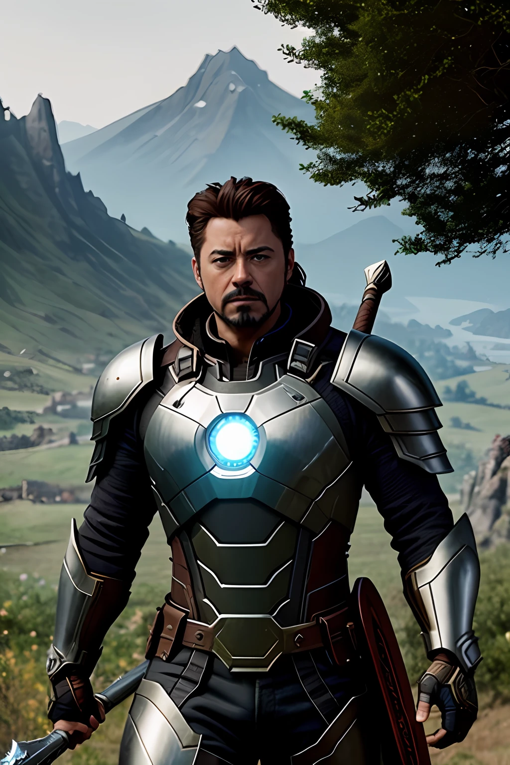 foto do retrato de Tony Stark, A brutal Norse warrior, wearing intricate steel armor, Holding the Magic Fire Battle Axe, foco nítido, Mountainous landscape with few trees in the background, magical aura, heroic pose, estilo de fantasia, octane rendering, volumeric lighting, 8k high-definition, altamente detalhado, trending on ArtStation, Centralizado