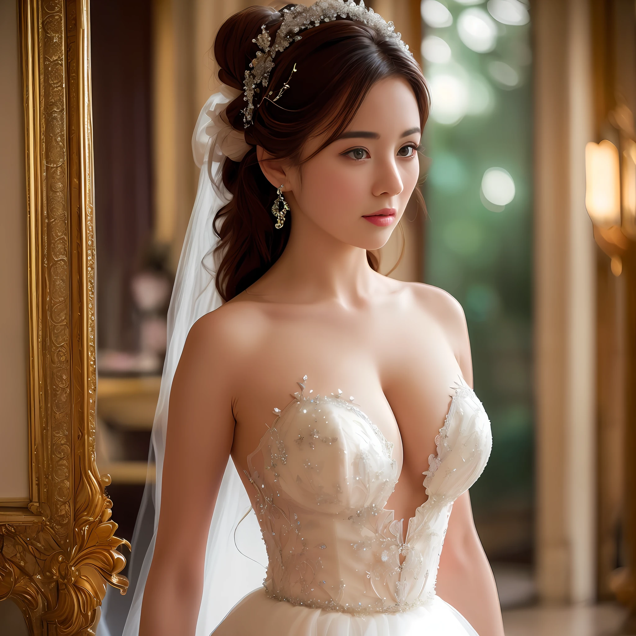 NSFW,(Reality Photos:1.35),(realisticlying:1.35),(Real human photos:1.35),(Best Masterpiece:1.3),Best picture quality,Ultra-fine image quality,Fine details,Luxurious background,(Realiy:1.35),Young beautiful woman in transparent wedding dress standing in the center of the guests,Background characters are blurred,Effect lights,Backshot,Beautiful face,Noble temperament,The expression was cold and proud,(Comely,Glamorous,ellegance:1.5),High bun,Delicate hair accessories,(Slender beautiful legs:1.35),(Tall:1.5),((gigantic cleavage breasts:1.5)),(Elegantly highlighted),Correct body proportions,Correct proportions of facial features,(Fully transparent wedding dress:1.35),(Extremely exposed wedding dresses:1.35),((Thoroughly exposed)),((No bra)),((did not wear panties)),(areola of breast:1.35),(Open legs:1.35),(Bare legs:1.35),(Bare chest:1.35),(Camel toes:1.2),
