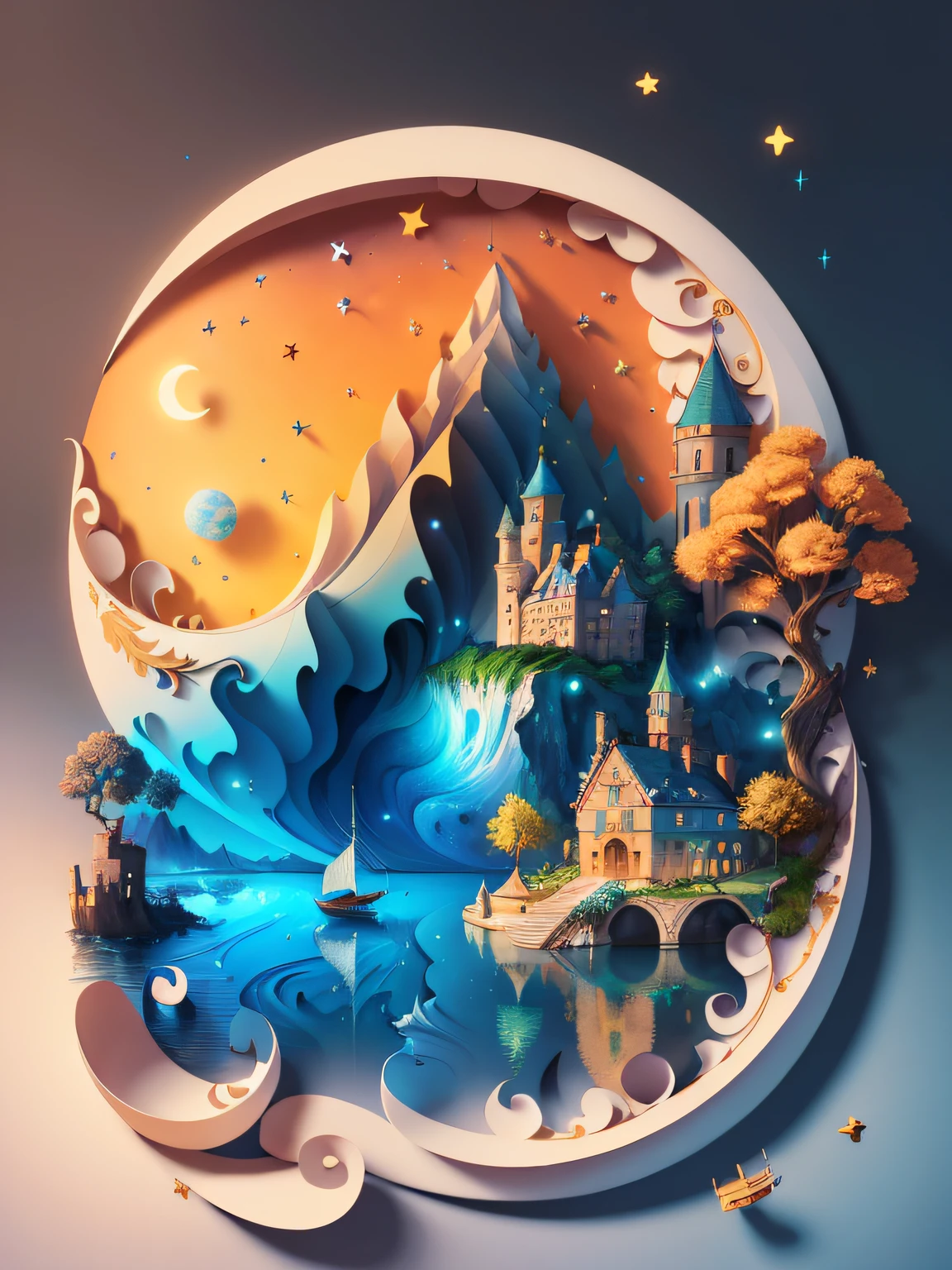 (((masterpiece))),best quality, illustration, sky, cloud, water, star \(symbol\), tree, no humans, night, bird, moon, building, star \(sky\), night sky, scenery, starry sky, watercraft, castle, ship, waves, tower, boat. vibrant color scheme, Soft light,(warm color:1.2),Water color painting, light background, best quality exquisite details,3d rendering,Octane render, pastel, paper_cut