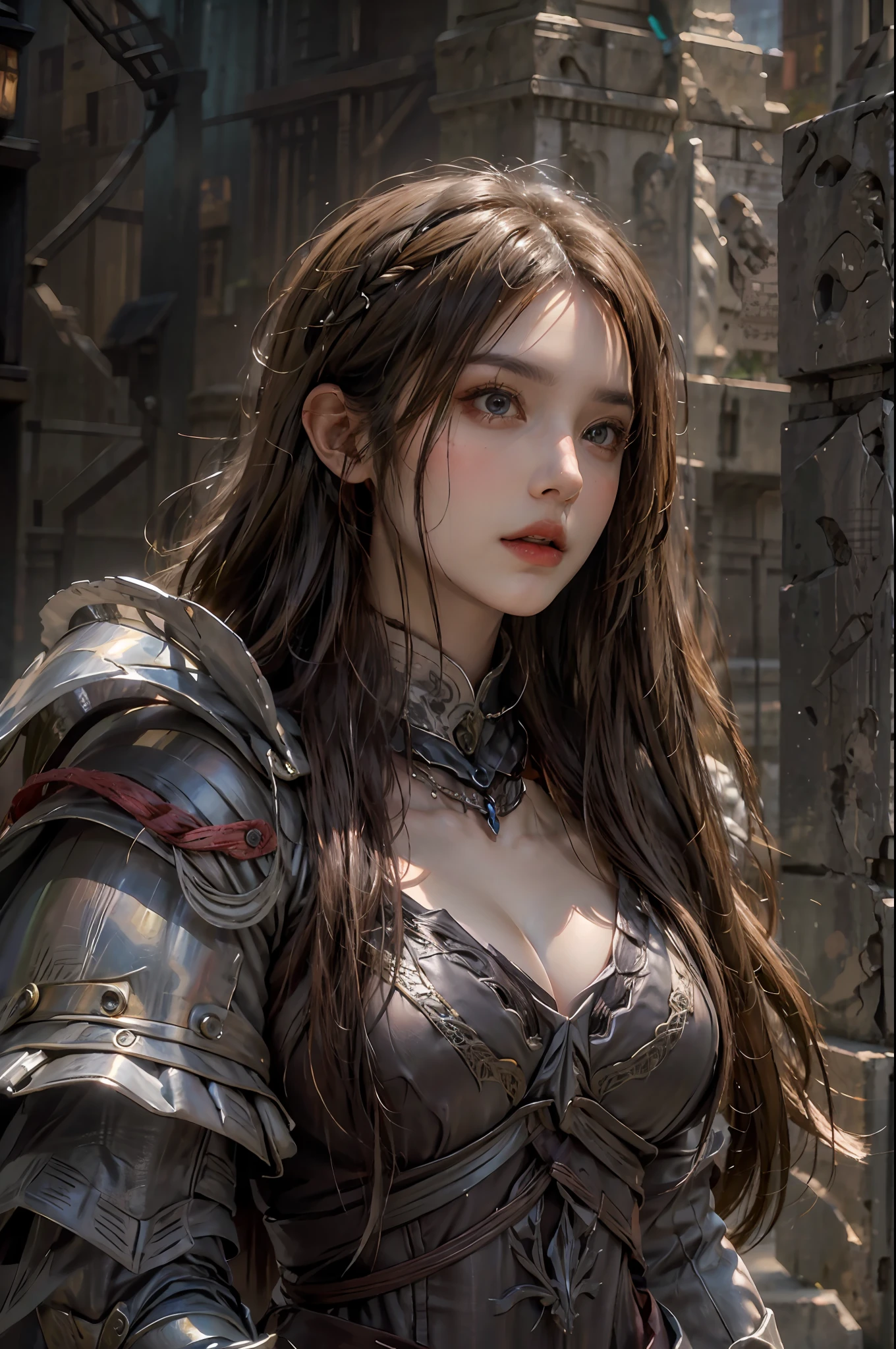 photorealistic, high resolution, 1 girl, hips up, red long hair, beautiful eyes, normal breast, dark souls style, knight armor