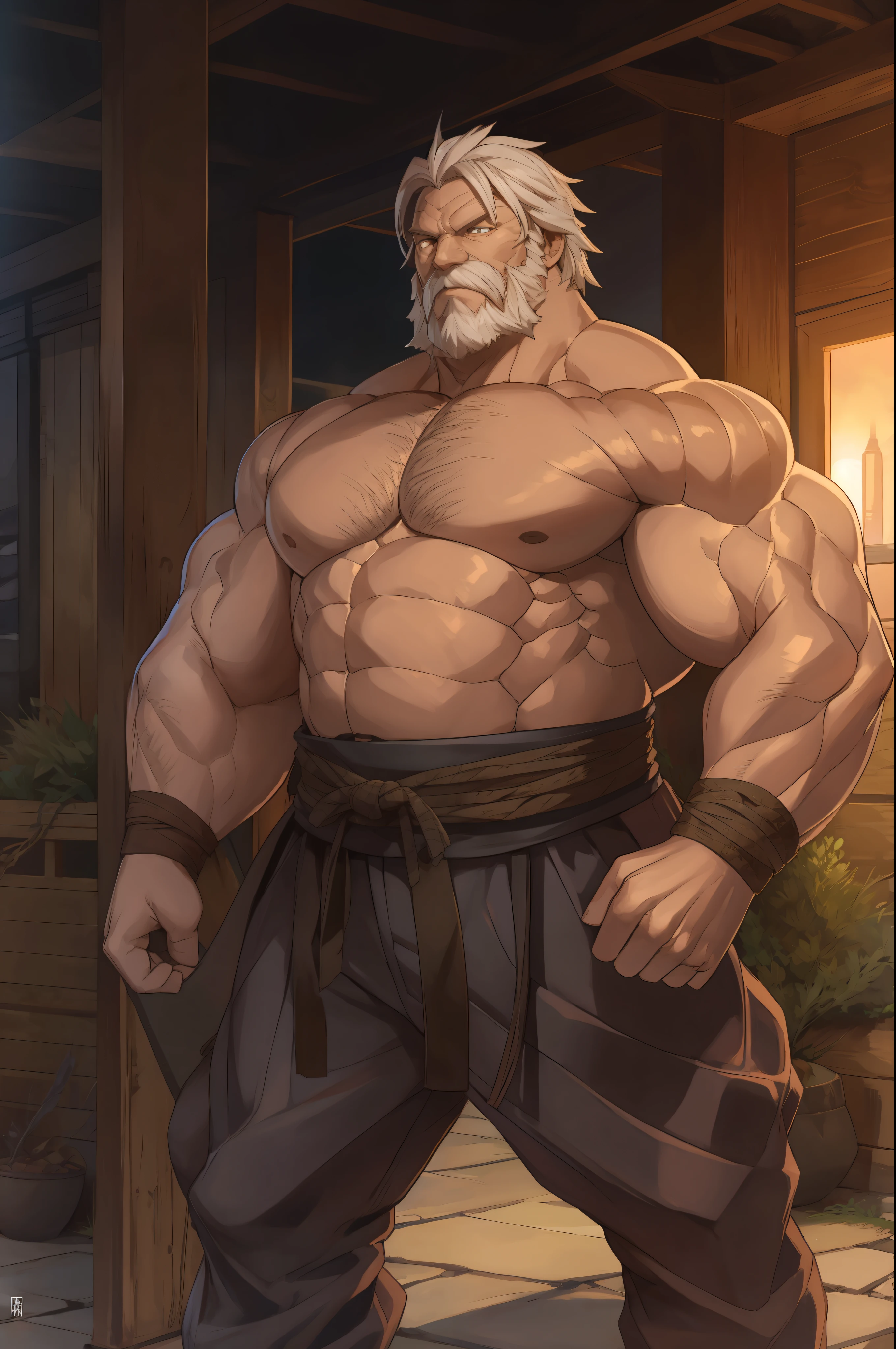 (a weathered and powerful ninja with a muscular build, old man)