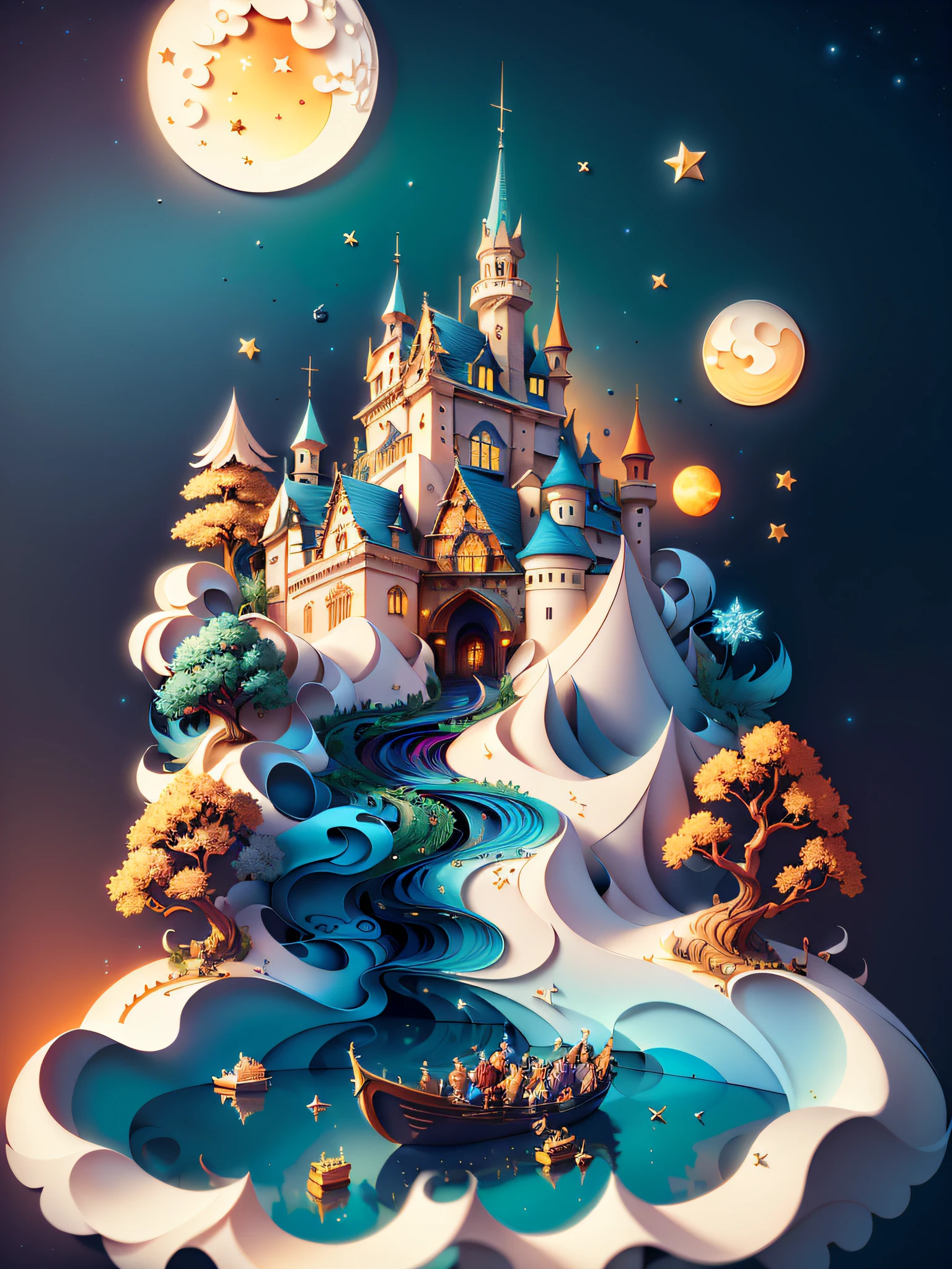 (((masterpiece))),best quality, illustration,  sky, cloud, water, star \(symbol\), tree, no humans, night, bird, moon, building, star \(sky\), night sky, scenery, starry sky, watercraft, castle, ship, waves, tower, boat. vibrant color scheme, Soft light,(warm color:1.2),Water color painting, light background, best quality exquisite details,3d rendering,Octane render, pastel, paper_cut