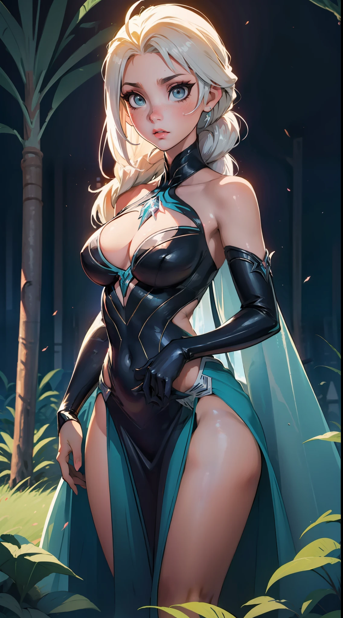 Elsa-Venom Fusion, Mesclando modelos, Cabelos brancos da Elsa, Roupas do Venom, particulas de gelo, melting, 1girl, Beautiful, (master part:1.2), (melhor qualidade:1.2), ((pose de luta)), ((campo de batalha)), cinemactic, olhos perfeitos, pele perfeita, perfect lighting, sorrir, luz, cor, pele texturizada, detalhe, Beleza, maravilha, ultra-detalhado, rosto perfeito