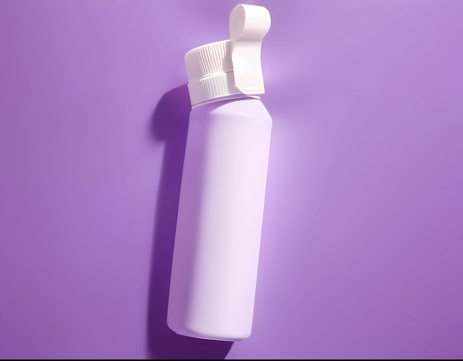 purple plastic water bottle with a purple cap on a white surface, water bottles, lit up, upshot, air shot, bottle, waist up, high angle close up shot, air brush, up shot, above view, waist - up, up-angle view, above side view, view up, air brush style, up close image, purple, up close picture