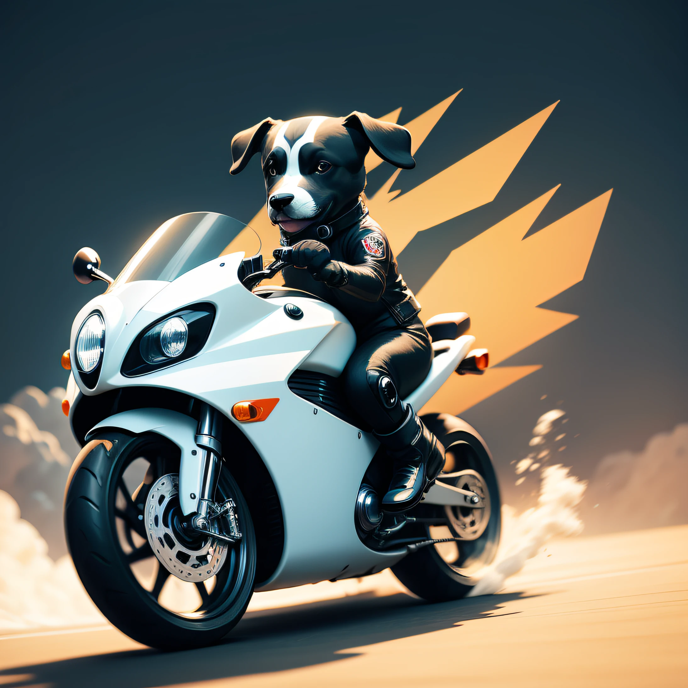 abstract happy cartoon dog ridding motorbike of the future, transparent background
