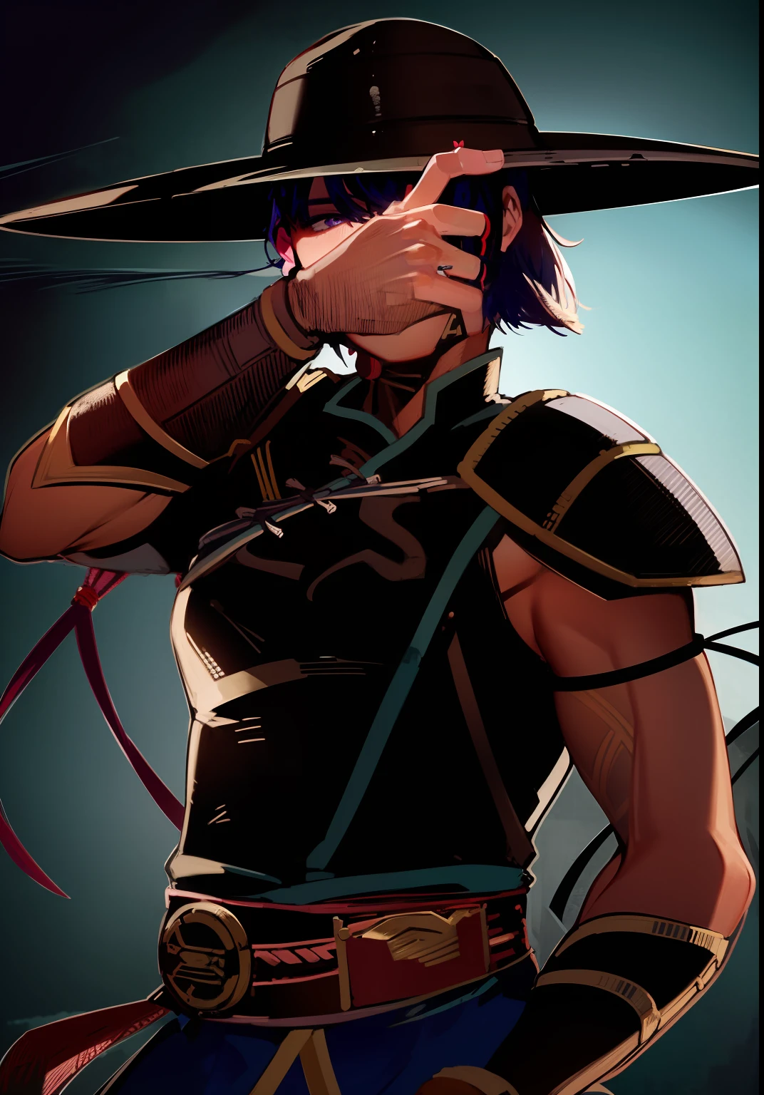 obra-prima, melhor qualidade, absurdres, 1boy, traje de luta do kung lao mortal kombat, mortal kombat, kung lao hat, Chapeu escondendo seu rosto, garoto, magro definido, lutador, cabelo preto, olhos pretos.