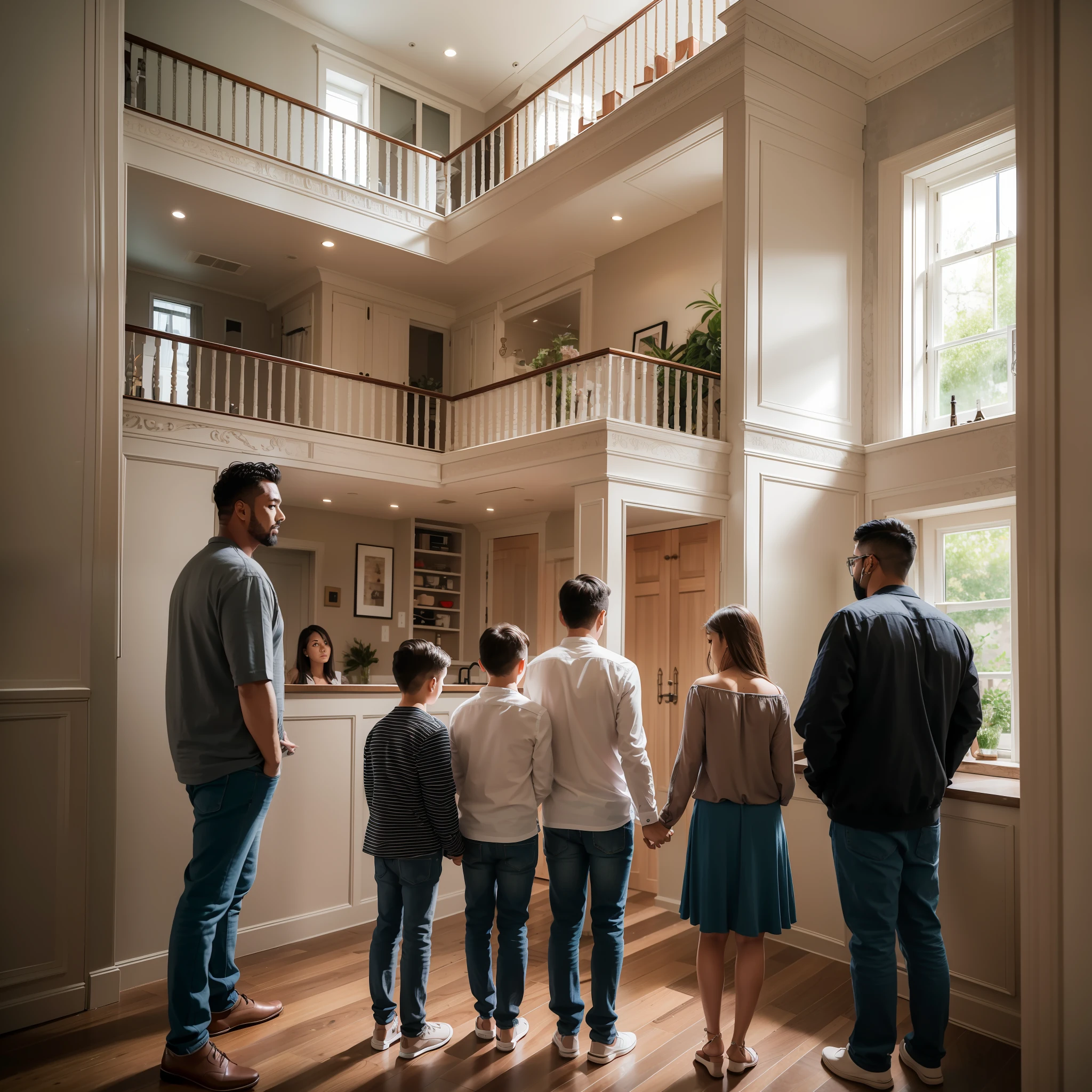 A family of five listens to the agency introduce the house in a three-story luxury duplex apartment