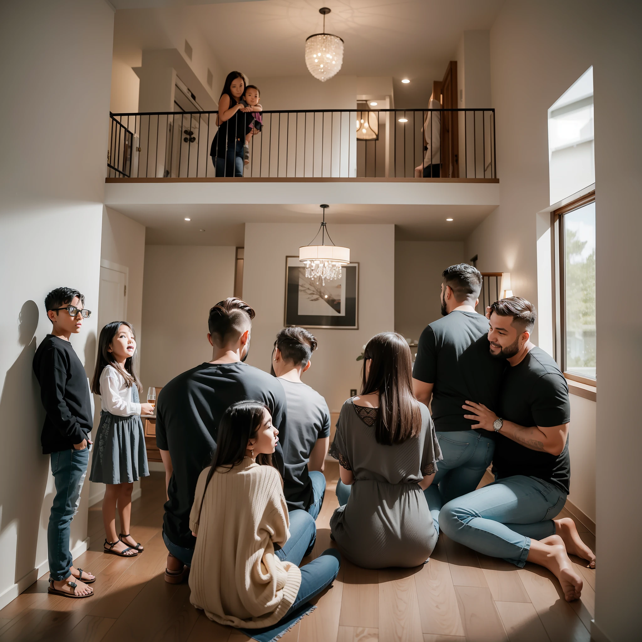 A family of five listens to the agency introduce the house in a three-story luxury duplex apartment
