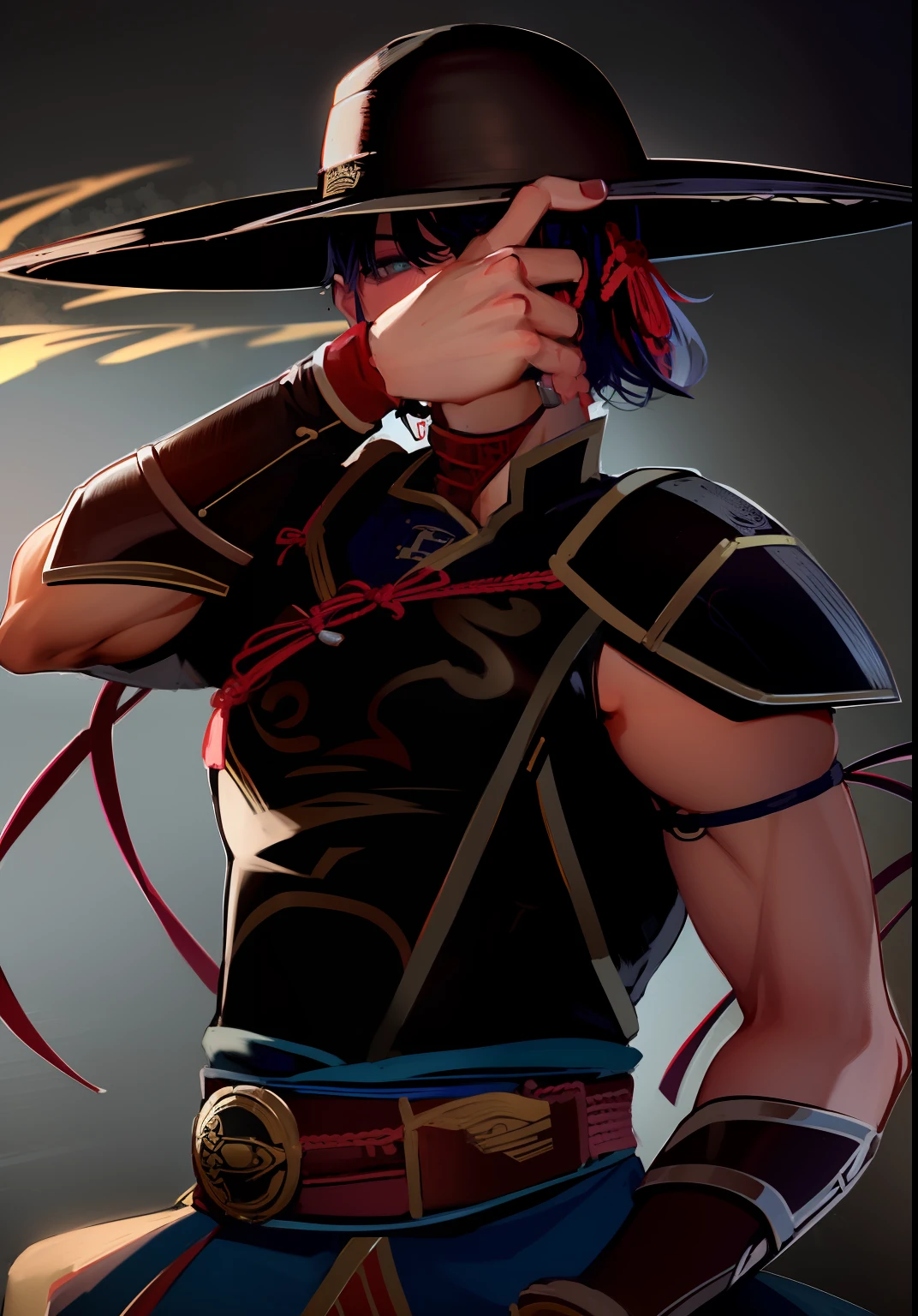 obra-prima, melhor qualidade, absurdres, 1boy, traje de luta do kung lao mortal kombat, mortal kombat, kung lao hat, Chapeu escondendo seu rosto, garoto, magro definido, lutador, cabelo preto, olhos pretos.