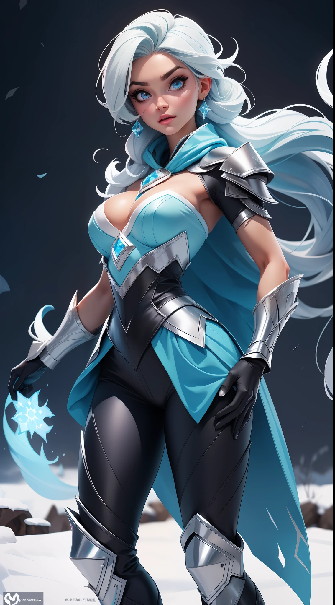 Elsa-Sub-zero Fusion, Cabelos brancos da Elsa, Roupas do Sub-zero, particulas de gelo, melting, 1girl, Beautiful, (master part:1.2), (melhor qualidade:1.2), ((pose de luta)), ((campo de batalha)), cinemactic, olhos perfeitos, pele perfeita, perfect lighting, sorrir, luz, cor, pele texturizada, detalhe, Beleza, maravilha, ultra-detalhado, rosto perfeito