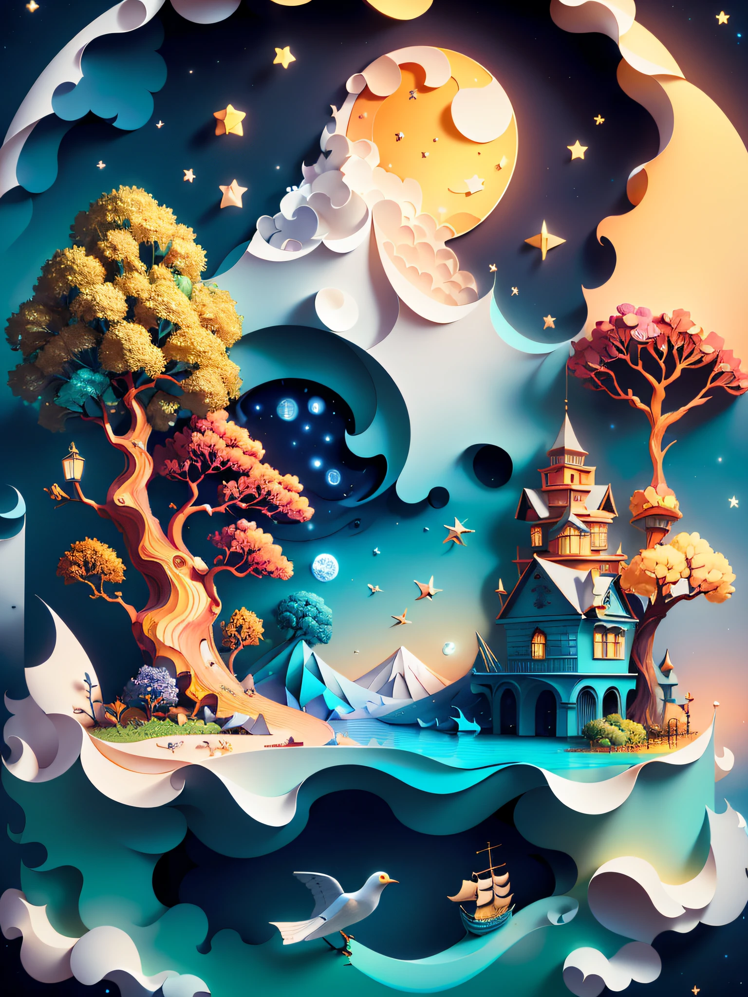 (((masterpiece))),best quality, illustration, sky, cloud, water, star \(symbol\), tree, no humans, night, bird, moon, building, star \(sky\), night sky, scenery, starry sky, watercraft, castle, ship, waves, tower, boat. vibrant color scheme, Soft light,(warm color:1.2),Water color painting, light background, best quality exquisite details,3d rendering,Octane render, pastel, paper_cut