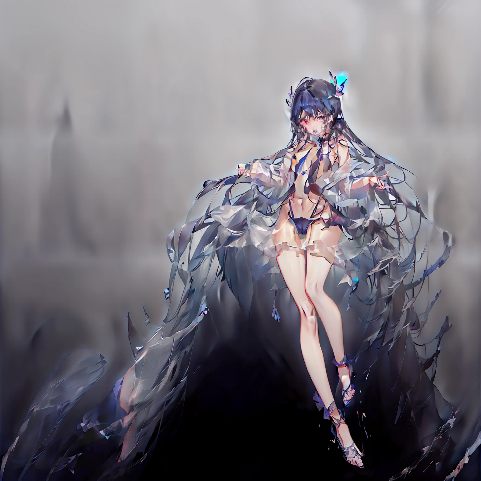 She has messy hair,Like hazy blue seaweed,Godless gray pupils look to the left,A blue butterfly grows from its body,A blue butterfly grows out of its mouth,Blue butterflies pinned to your hair。She has highly saturated pink skin。She is melancholy and empty。
