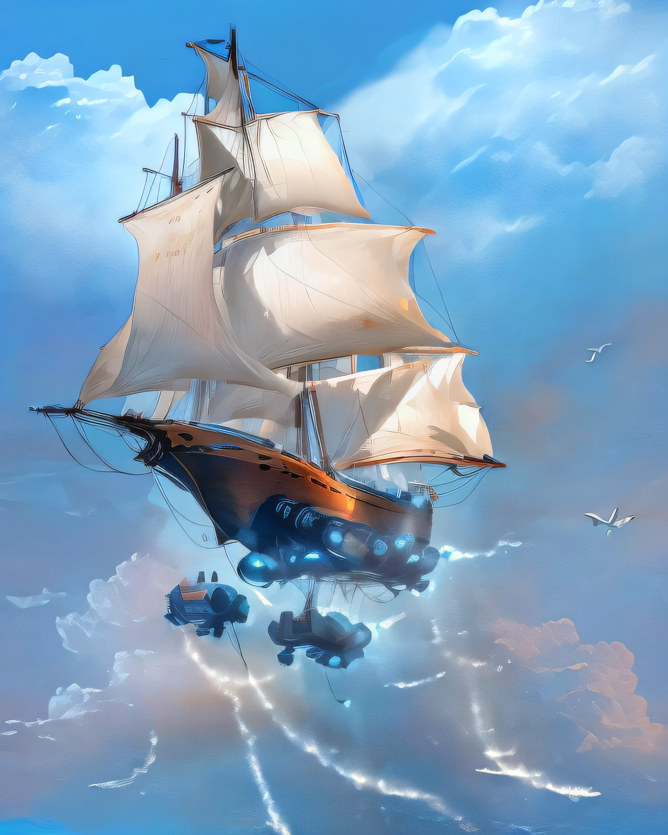 Futuristic super sailboat jumping through the clouds surrounded by seagulls and hot air balloons and down a rough sea with a multitude of high waves with swimming sharks