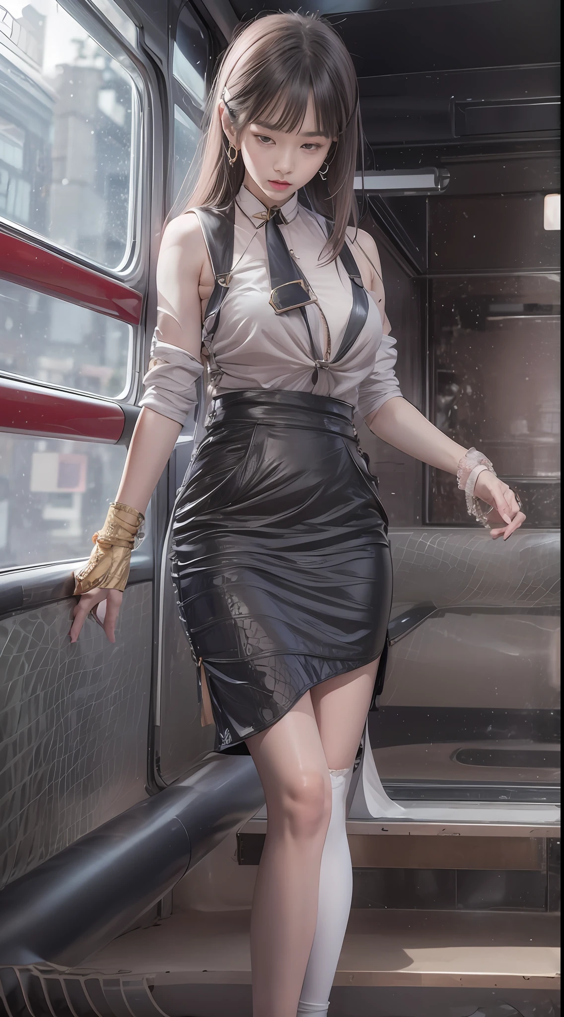 (tmasterpiece,k hd,hyper HD,16k)brunette color hair, girl,Multi-layer gauze skirt,Emphasis on thin waist,blusher,Soft lips,Glossy lips,,Soft hair like slippery silk,Sparkling,Almost reluctant to look away,She wears a suspender cheongsam!Imagine that,She just wore a suspender cheongsam to shop in the bustling Sanlitun,One can't help but want to take a closer look。Take a closer look, desi,Her belly pocket is quite stylish,The skirt flutters in the wind,It's like adding a touch of energy to the whole street,Crocodile skin train,A sneak peek angle,(From the angle below),Sit in the seat of the train python,sitting in front,Zoom camera,head portrait,Head down and sleepy-eyed,Look at the ground, best qualtiy, hyper HD, (realisticlying:1.4),, A high resolution, the detail, RAW photogr, Sharp Re, Nikon D850 Film Stock Photo by Jefferies Lee 4 Kodak Portra 400 Camera F1.6 shots, Rich colors, ultra-realistic vivid textures, Dramatic lighting, Unreal Engine Art Station Trend, cinestir 800,