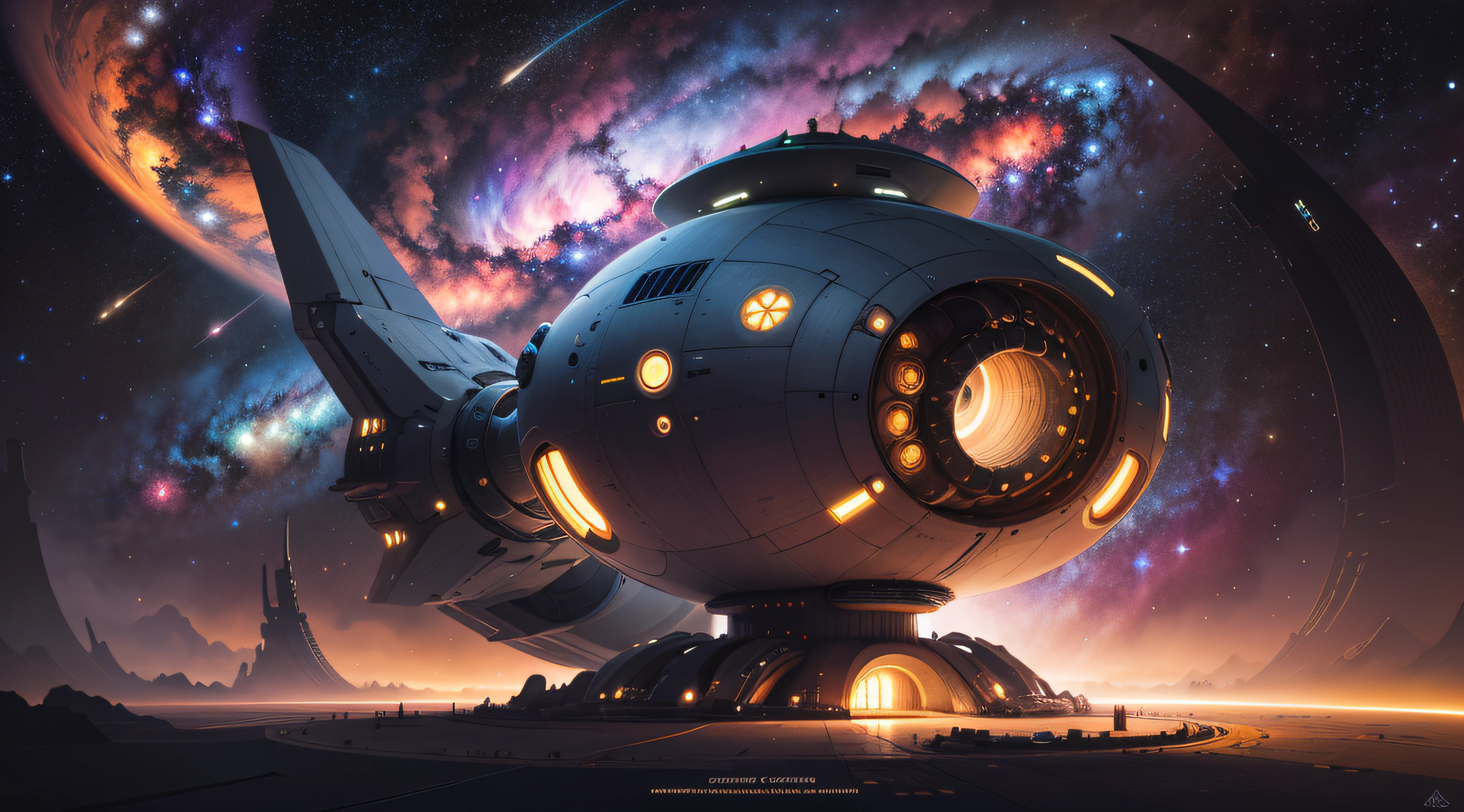 concept -art RetroFuturismAI: cylindrical spaceship of symmetrical shape, Dark shades, command post, in space against the backdrop of a spiral galaxy,