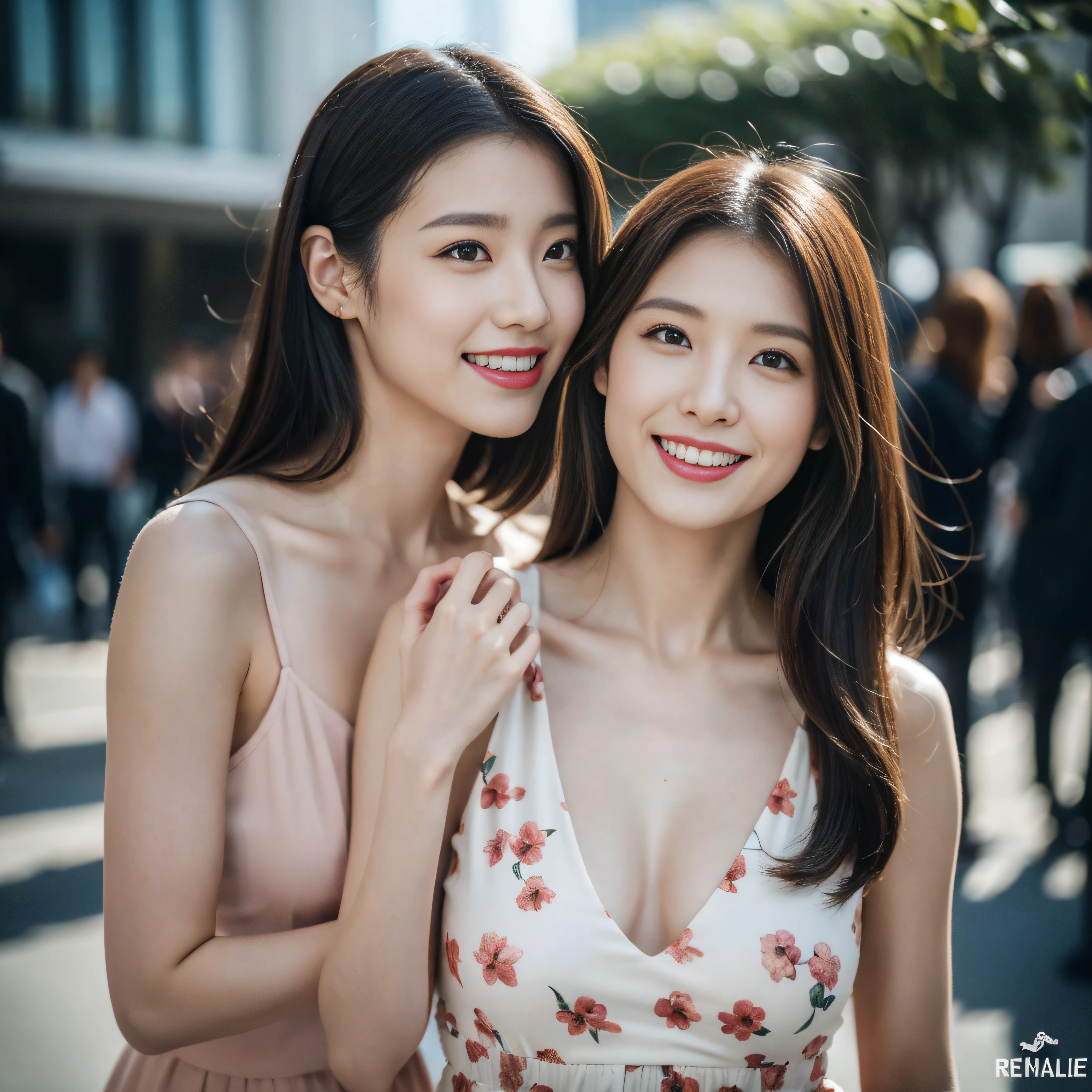 (High resolution, Ultra-detailed:1.2), (Skindentation), 1womanl, 25-years old, (femele), 独奏, (realisitic, Top image quality, Photorealsitic, masterpiece, 8K, High resolution1.34), extra detailed face, (profetional lighting、bokeh dof), (light particules、lensflare、Luminous particles:0.6), (dynamicposes:1.2), Soft lighting, Top Angle View, Fashionable and trendy atmosphere, jpn, a street, TOKYOcty, harbour, skytree, Tokyo Tower, ((during daytime)), Skysky, ((Look at viewers:1)), (looking in camera)、(portlate:0.6)、cowboy shot、a gorgeous、is standing、Keep the original facial proportions、broad shoulder、full body Esbian、(medium breasts)、(Medium Hair)、brown haired、Floating hair、s lips、lipsticks、seducting smile、Floating hair、A smile、Open_Mouth、tusk、Blouse、(floral print summer dress:1)、Eye lashes、