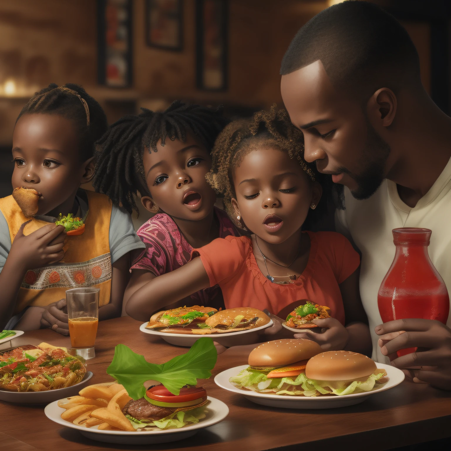 fami: father, mother and children. Blacks eating hamburger in a realistic African restaurant, detalhado -realista -ultraHD