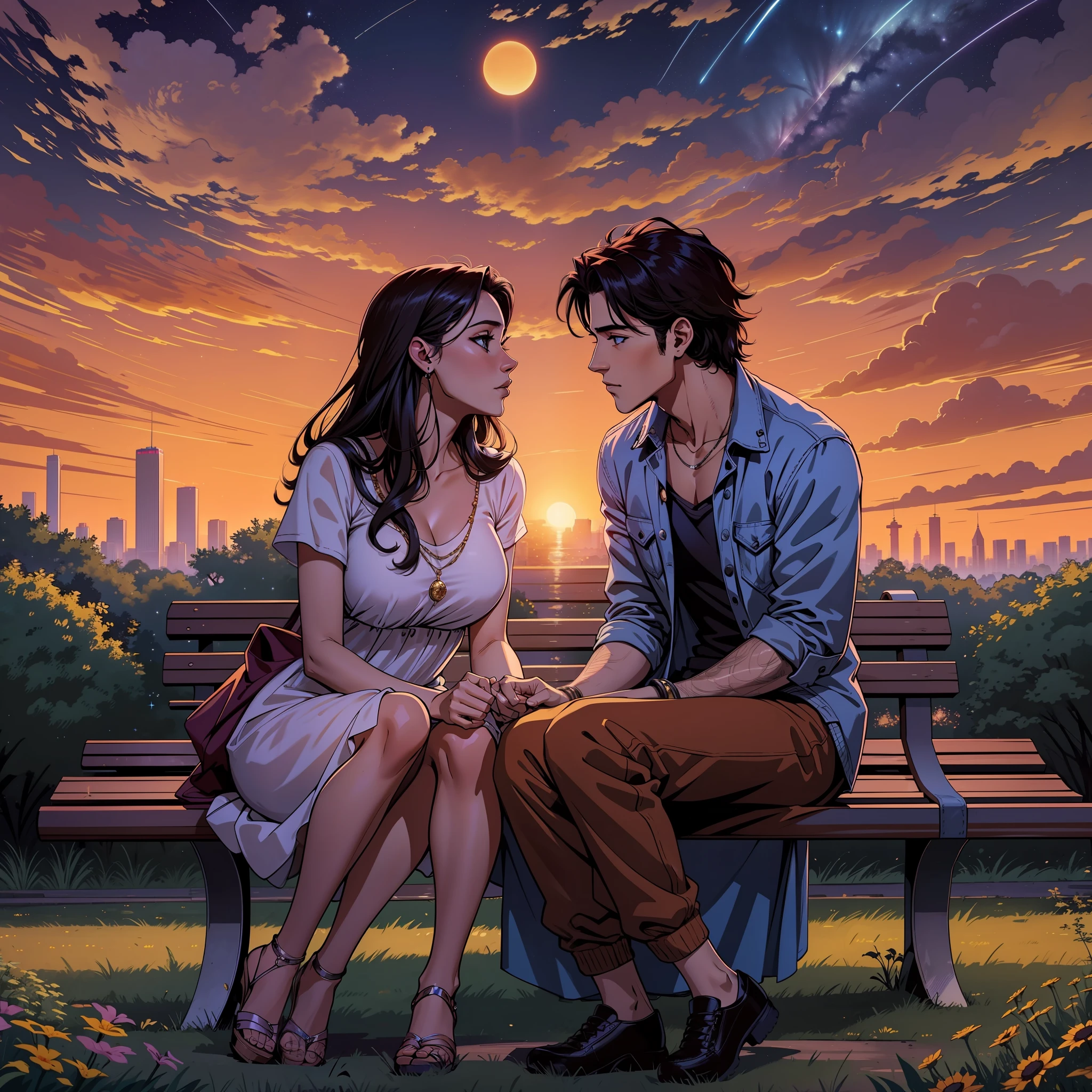 as the sun sets over the horizon, mulher e homem permanecem lado a lado, sentado em um banco de parque, attracted to each other like magnets. The sky is painted in dazzling colors, and the city begins to light up as night approaches... at night, under a starry sky, Sofia e Diego continuam conversando, wrapped in an atmosphere of emotion and mystery. The setting is romantic and promising, suggesting that this story is just beginning.