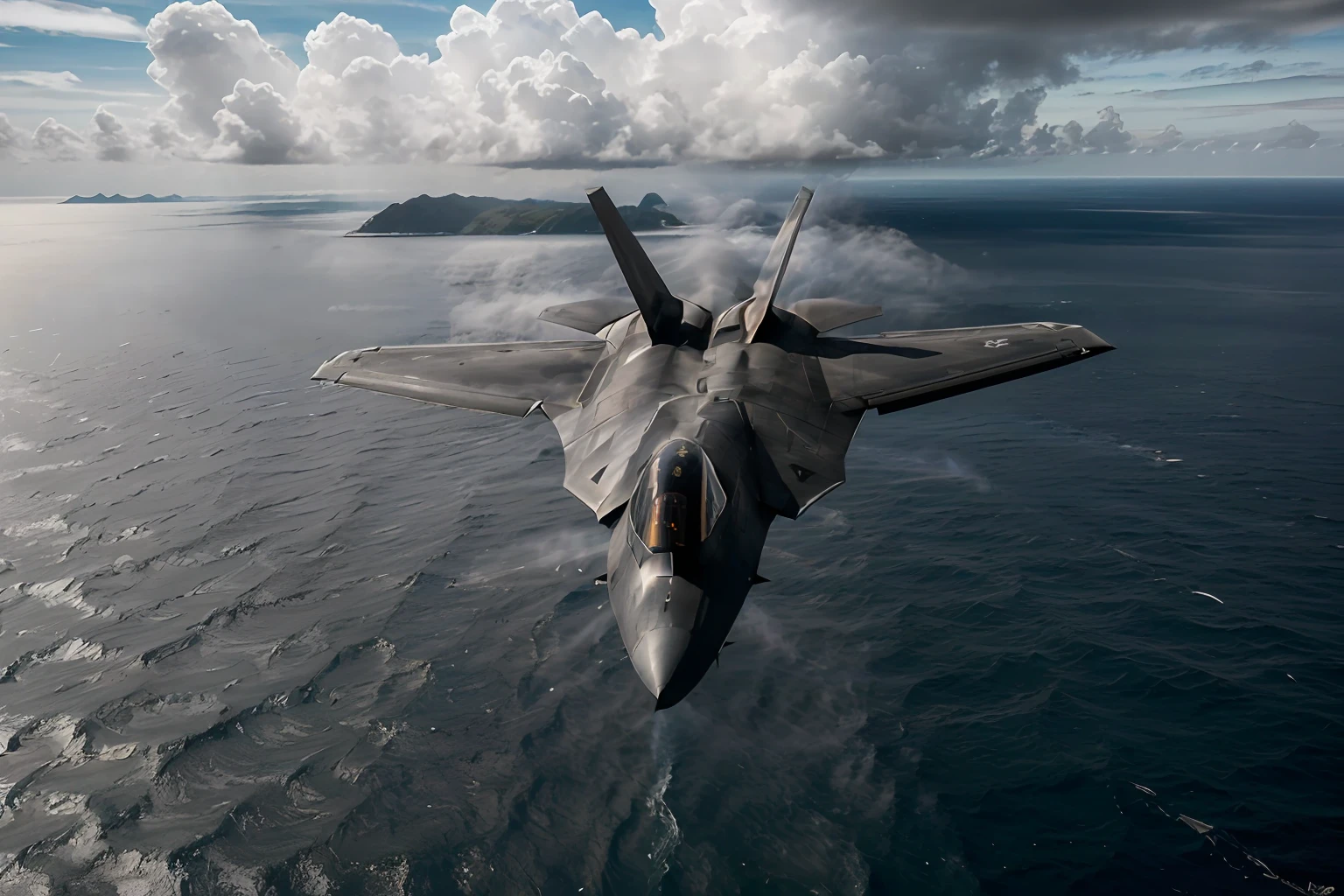 (mastepiece) (((Black modern plane - fighter. Flying over the ocean))). There is an Aircraft Carrier below. ((It's cloudy weather, it's evening.))