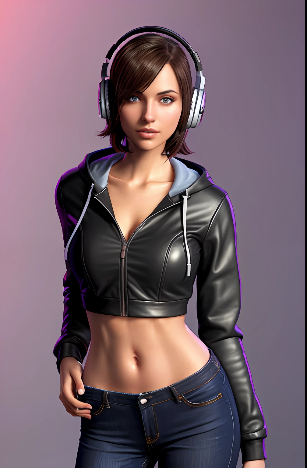 long straight dark brown haired gamer girl leaning into the camera, photo from front above, dark red hoodie, straight hair, large leather gamer headphones, medium breasts, skintight black top:1.2, cleavage, purple bra:1.2, looking at viewer, soft colors, cinematic lighting, perfect anatomy:1.2, round breasts:1.2, well-organized, neat:1.2, perfect proportions,