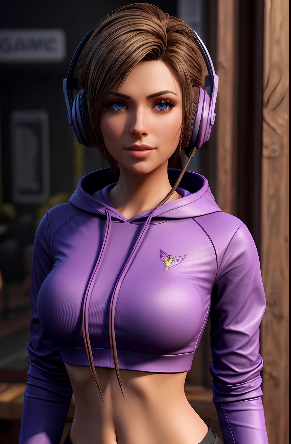 dark brown haired gamer girl leaning into the camera, photo from front above, dark red hoodie, large leather gamer headphones, medium breasts, skintight black top:1.2, cleavage, purple bra:1.2, looking at viewer, soft colors, cinematic lighting, perfect anatomy:1.2, round breasts:1.2, well-organized, neat:1.2, perfect proportions, smooth clothes