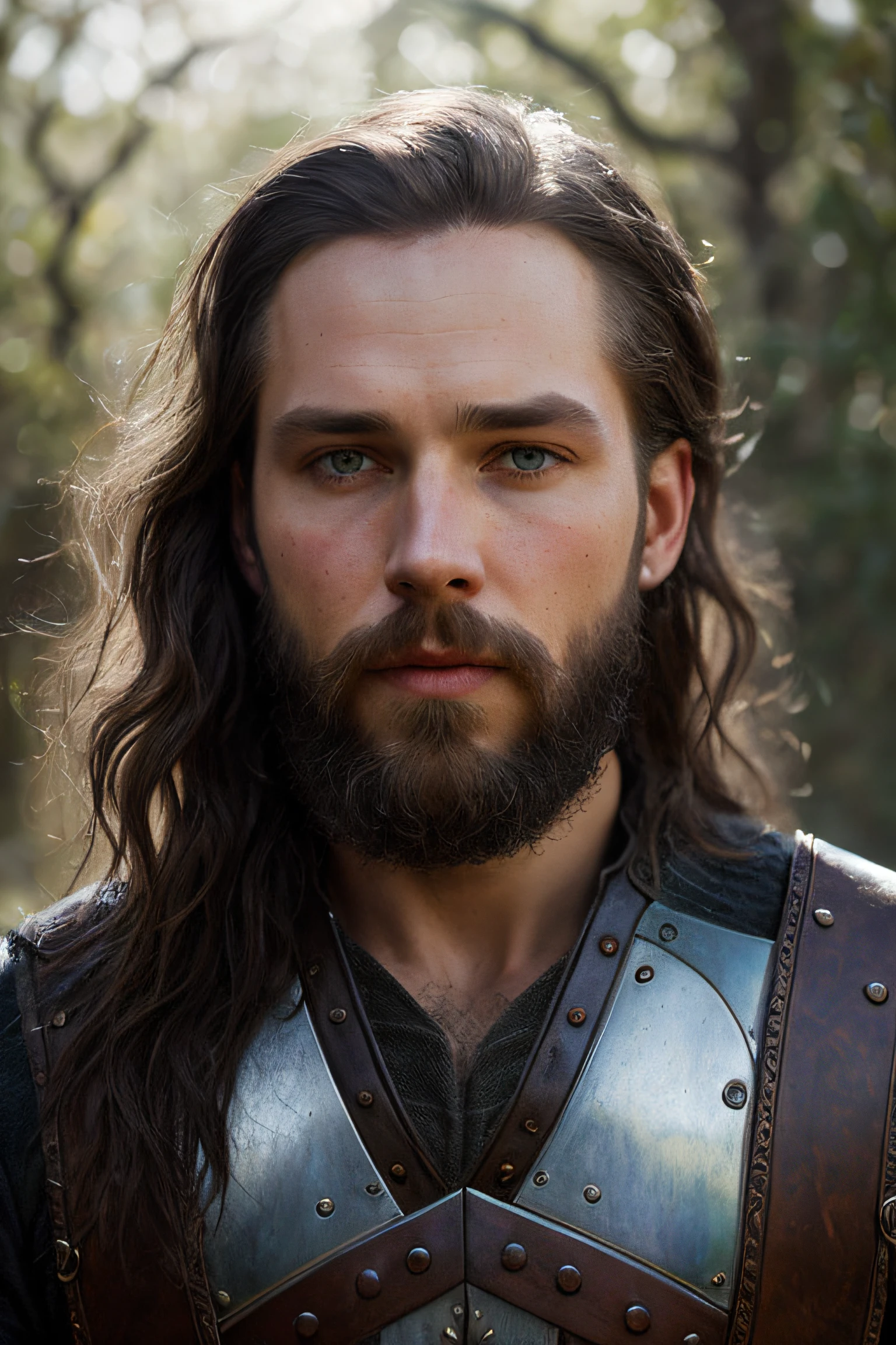 close up portrait of Austin Butler as a 26 years old fantasy male adventurer, pale skin, very long loose wavy shabby black hair, incredible grey eyes, long arched eyebrows, beard, fantasy adventurer clothes, intense look, fascinating, slim and athletic, in a big medieval city, (backlighting), realistic, masterpiece, highest quality, lens flare, shade, bloom, [[chromatic aberration]], by Jeremy Lipking, by Antonio J. Manzanedo, digital painting