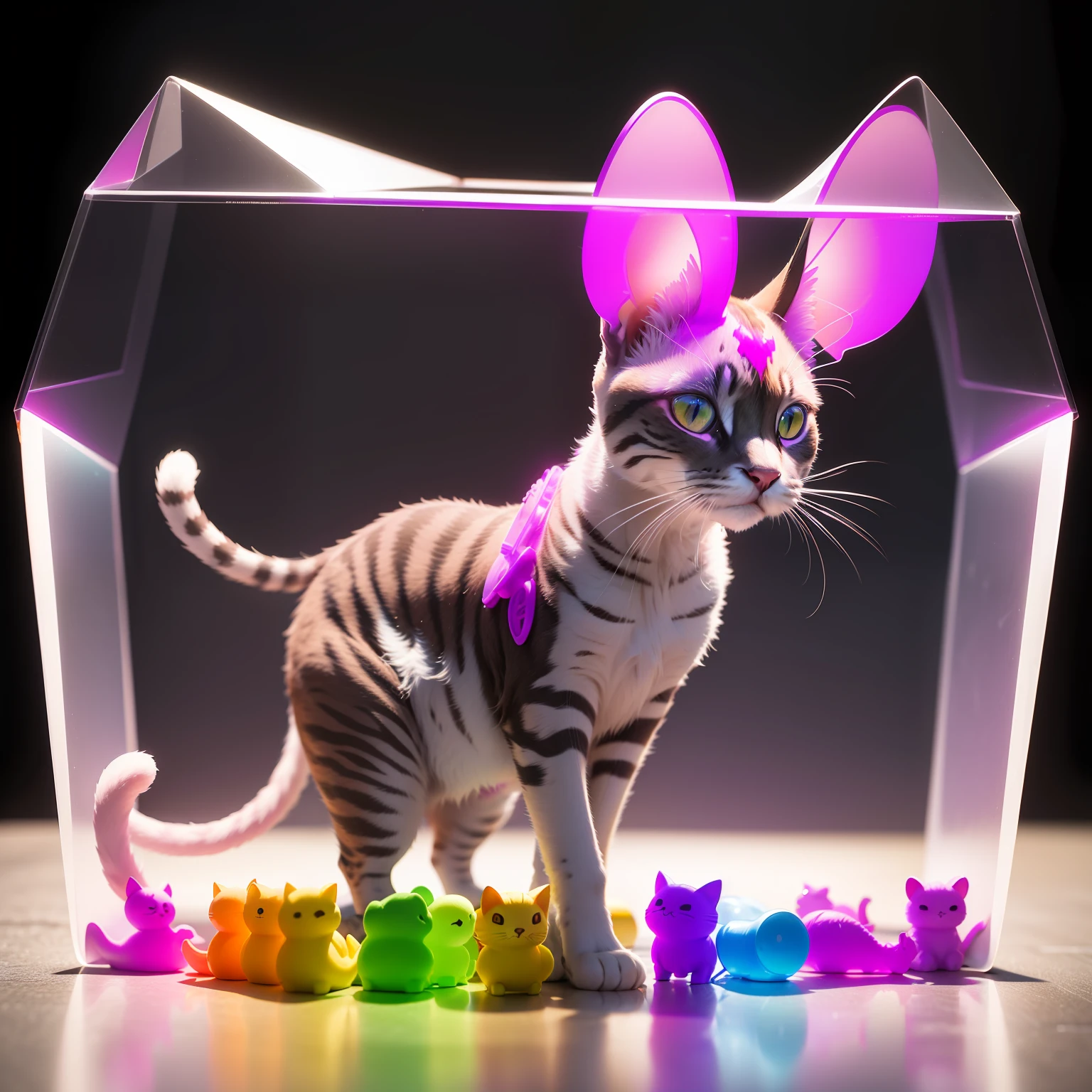 a cat x-ray transparent made of plastic with colorful plastic toys inside, a mouse x-ray transparent made of plastic with colorful plastic toys inside, colorful, natural, canon 5d