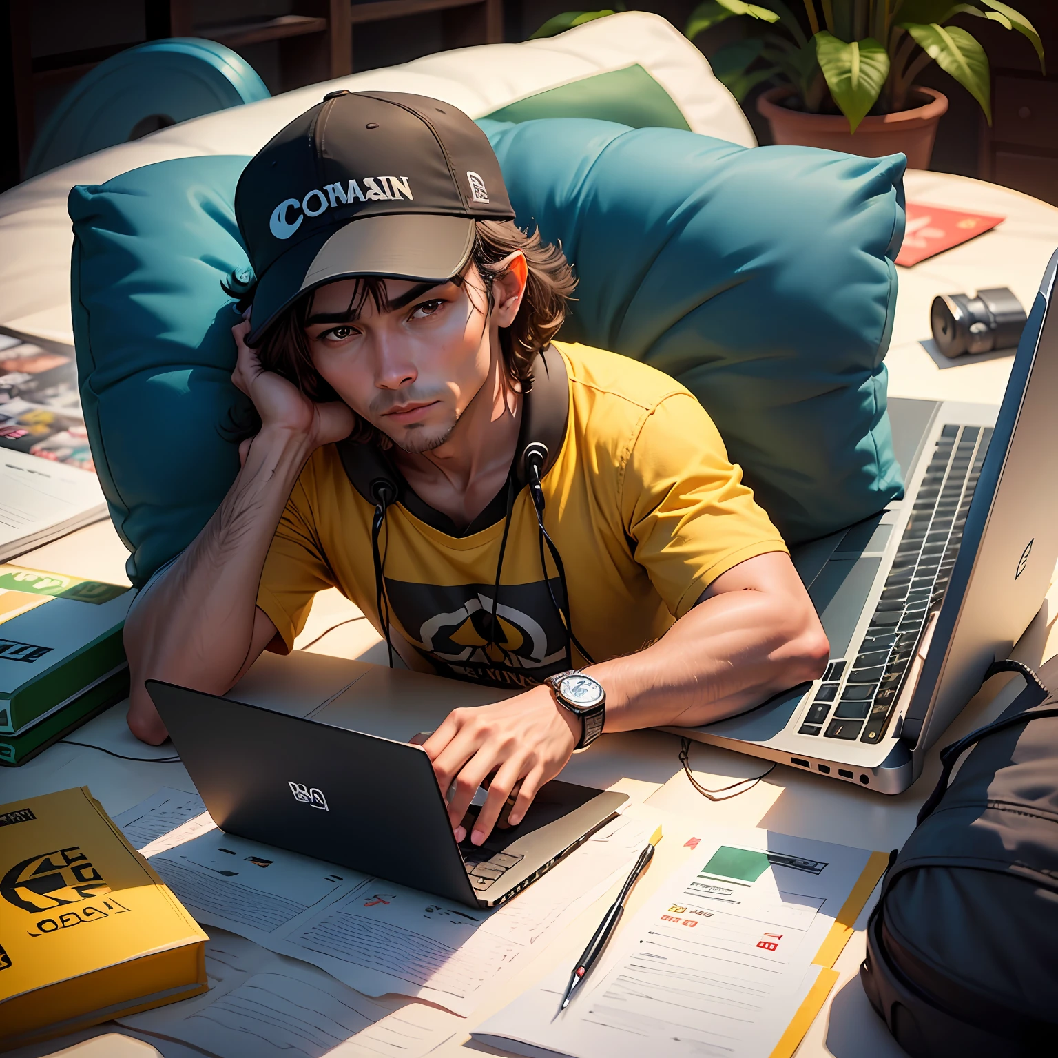 um homen de30 anos para o banner no notbook gamer carioca e varios castoes de creditos do tamanho do baner do youtube segurando laptop gamer relagio rolex um corolla prata 2011 makina de cartao logo na camisa da lacoste que e um jacare e junto ao notbook um catao de credito e um leitor jcope card cred profundidade de campo, bokeh, realismo, fotorrealista, hiper-realismo, fotografia profissional, uhd, dslr, hdr 150 x 150 pixels. ate 1mb --auto