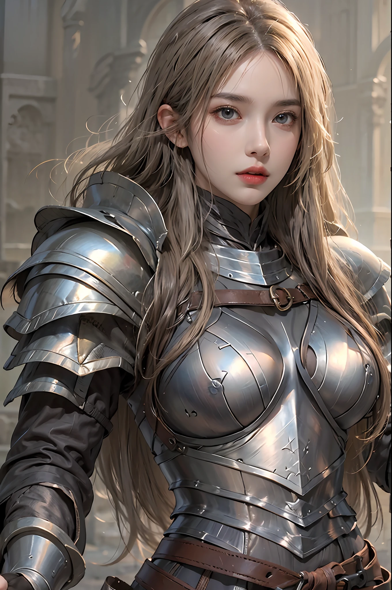 photorealistic, high resolution, 1 girl, hips up, blode, long hair, beautiful eyes, normal breast, dark souls style, knight armor