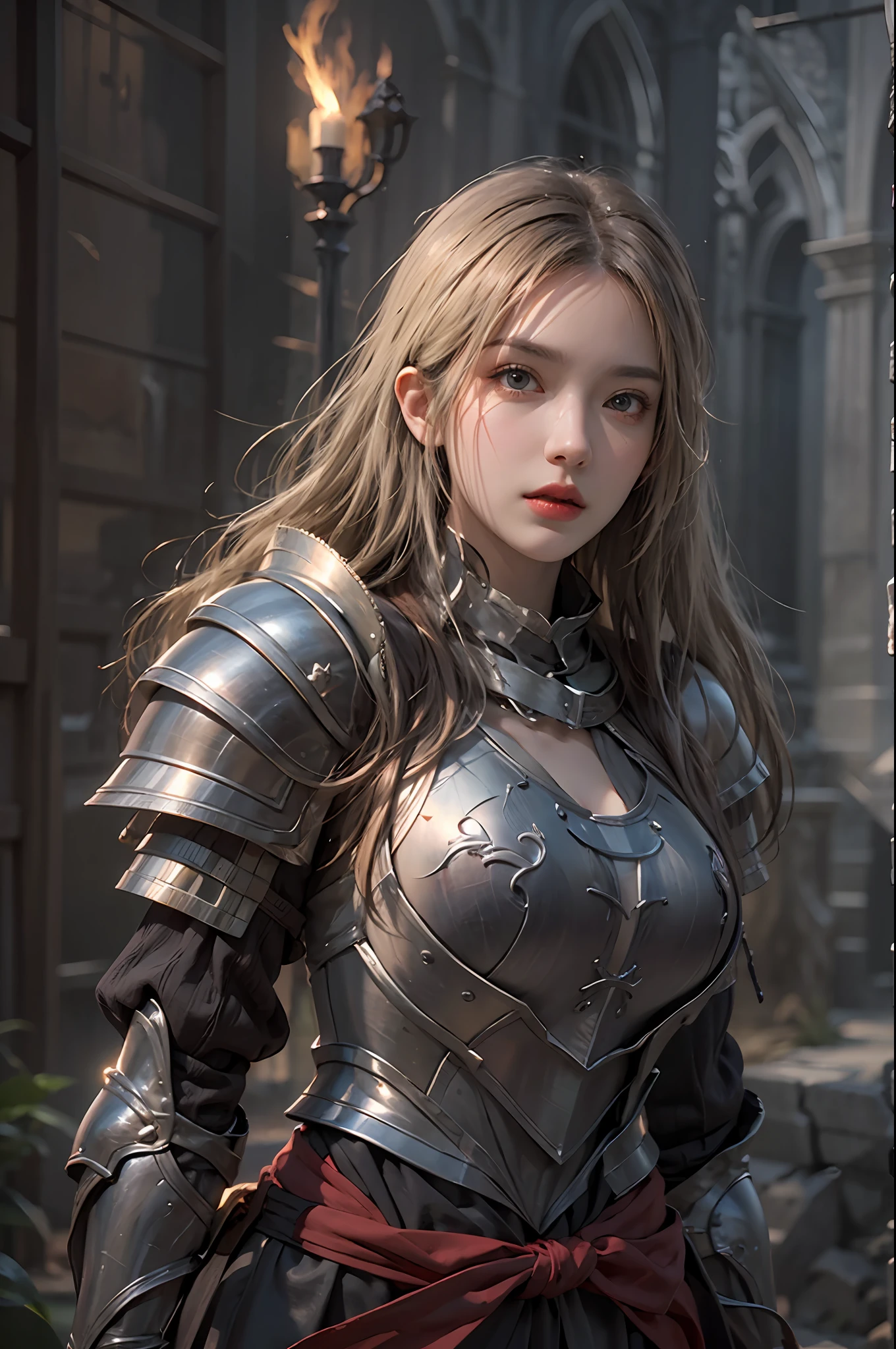 photorealistic, high resolution, 1 girl, hips up, blode, long hair, beautiful eyes, normal breast, dark souls style, knight armor
