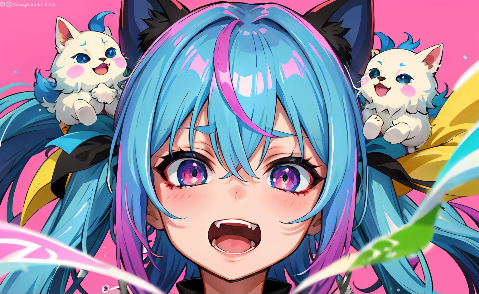 Masterpiece, High quality, A high resolution, absurderes, Ultra-detailed, Detailed eyes, 8K, Tienbu_Kobokanaru, 1girll, Colorful eyes, poison fangs, Open mouth, bangs, Colorful background, view the viewer, vibrant, Contrast, Blue hair, White hair, Gradient hair, cheerfulness, Graffiti wall background, water splash, Close up