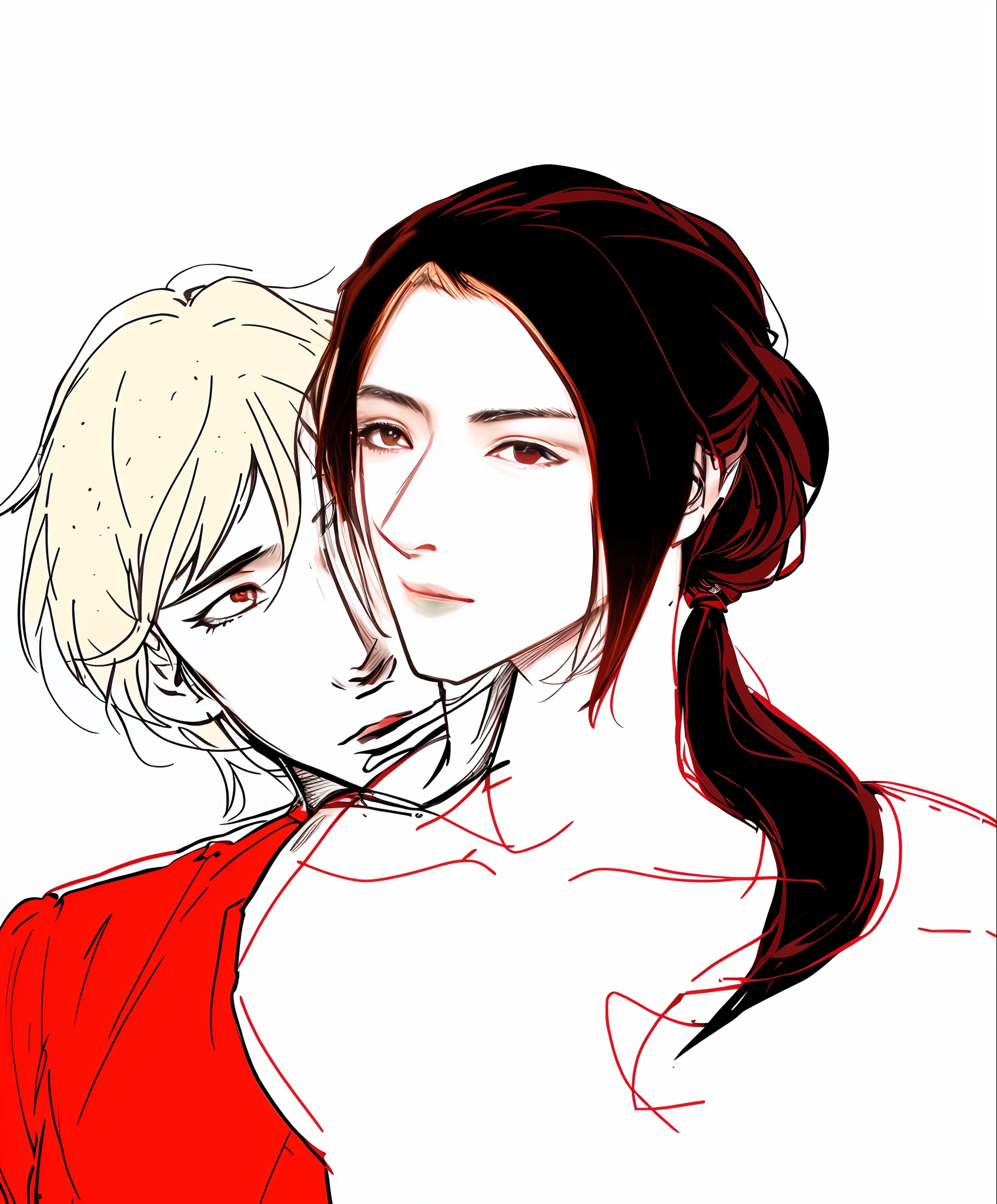 Animated manga of a woman and a man hugging each other, in the art style of bowater, johan liebert mixed with dante, satoshi kon artstyle, johan liebert mixed with alucard, author：Nobusada Yanagawa, sakimichan and frank franzzeta, author：Ethan Tanaka, Edmund Blair e Charlie Bowater
