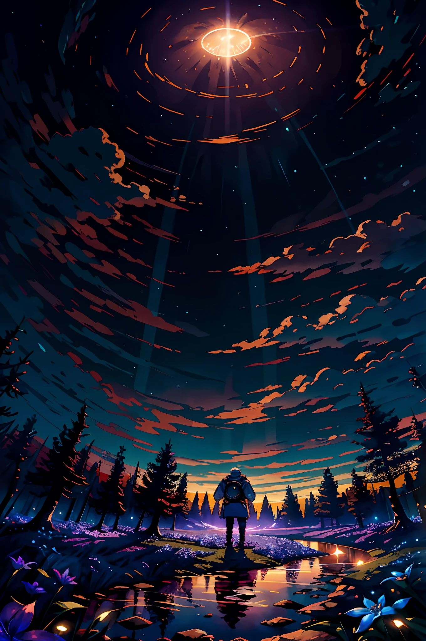 Homem ajoelhado, (a view from below that shows the sky above and the open field below), uma garota parada em um campo de flores olhando para cima, (lua cheia: 1.2), (estrelas cadentes: 0.9), (nebulosa: 1.3), montanha distante , BREAK tree production art, (fonte de luz quente: 1.2), (Firefly: 1.2), lamp, muito roxo e laranja, detalhes complexos, volumetric lighting BREAK (obra-prima: 1.2), (melhor qualidade), 4k, ultradetalhado , (dynamic compositing: 1.4), detalhes coloridos altamente detalhados (cores iridescentes: 1.2), (bright illumination, Atmospheric Illumination), sonhador, magica, (solo: 1.2)