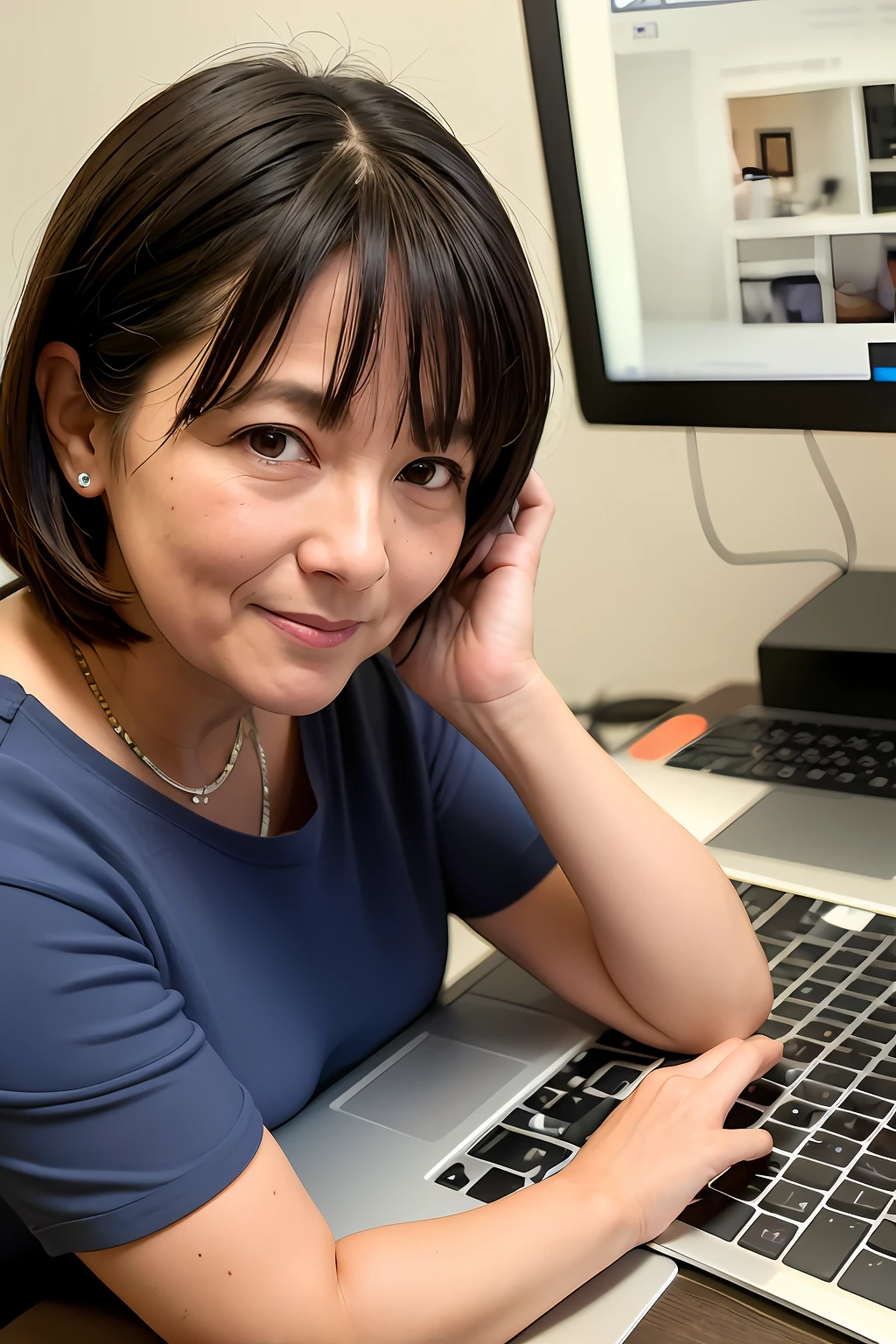 40-year-old woman with a laptop, Oficina,8k, Foto RAW,((Detallado:1.4)), retrato, La mejor calidad, ultra-high-resolution, fotorrealista,