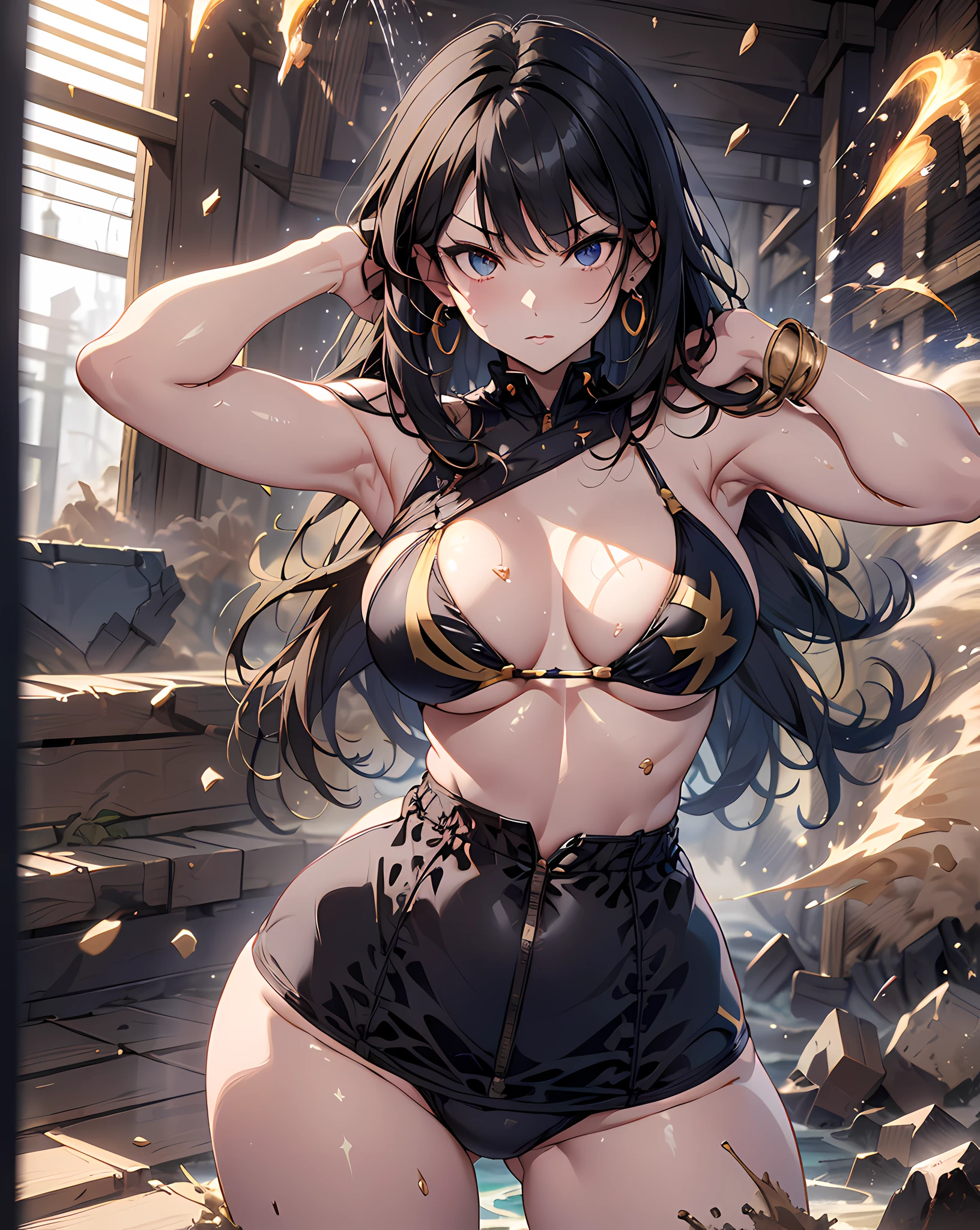(masterpiece, best quality:1.37), highres, ultra-detailed, ultra-sharp, (absurdres, highres, ultra detailed, masterpiece, cel shading, (bold outlines):1.2, flat colors, sharp shadows, graphic style, manga influence, clean linework, BREAK, Japanese school girl model, 1girl, (beautiful anime face, cute face, detailed face), (black hair, short hair, bangs), blue eyes, jewelry, earrings, piercing, BREAK, ((detailed swimwear:1.5), (1girl,solo), (full body:1.1), GOLD eyes, complex hair, long wavy hair, angry face, Warrior Cuirasss
BREAK (open stance, battle pose, action pose:1.2), (complex background:1.1), (dust effects, Dessert effects, sandstorm effects:1.4), (in a shower of falling rocks, earth attribute, earthquake:1.2), (Meteor Strike:1.2), (Gaia Shake:1.2)
BREAK)), lovely look, detailed clothes), light smile, closed mouth, parted lips, pink lipstick, BREAK, standing, arms behind on hip, leaning forward, cowboy shot, detailed human hands, HDTV:1.2, ((detailed background:1.3)), 8 life size, slender, anime style, anime style school girl, perfect anatomy, perfect proportion, inspiration from Kyoto animation and A-1 picture, late evening, excellent lighting, bright colors, clean lines, photorealistic
