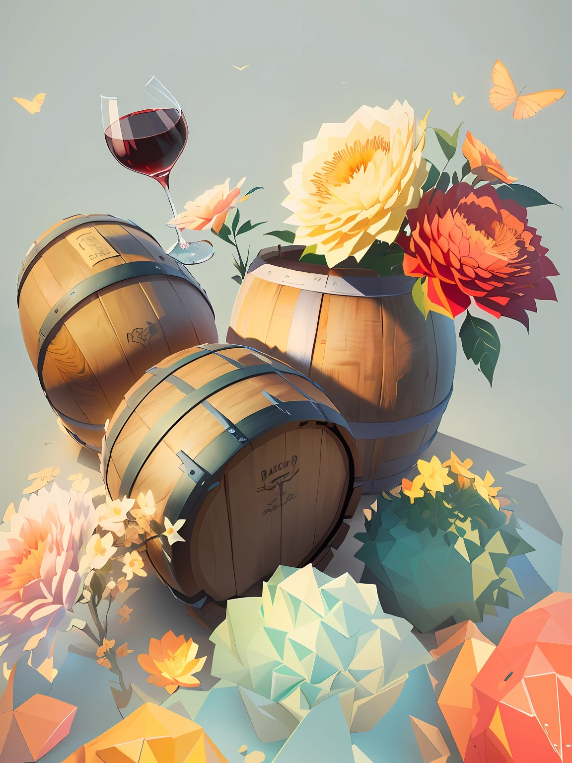 Wine barrels,brandy,bacchus,wineglass, No flowers,super detailed color lowpoly art, low-poly digital art, low polygons illustration, atey ghailan 8 k, low poly art, 2 d low polygon art, low poly graphics, low - poly, low poly, Polygon art