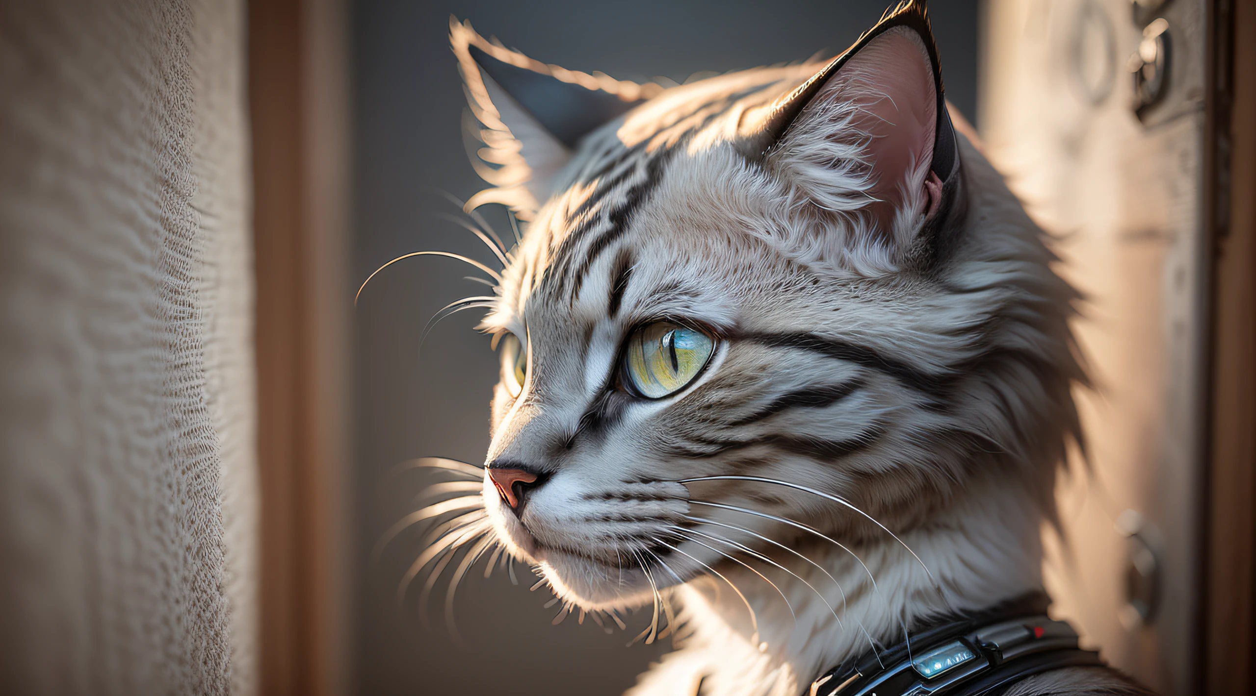 ((Um gato felino fofo e bonitinho:1.2)), ((obra prima, Foto premiada, extremamente detalhado)), de cabelos pretos, (de corpo inteiro:1.2),  ((wearing futuristic costume with intricate technological details:1.2)), ((com detalhes intrincados,  qualidade superior, Foto RAW,  8k, UHD)), em (fundo totalmente branco:1.5), (fotorrealista:1.2), (Olhar de tristeza:1.2).