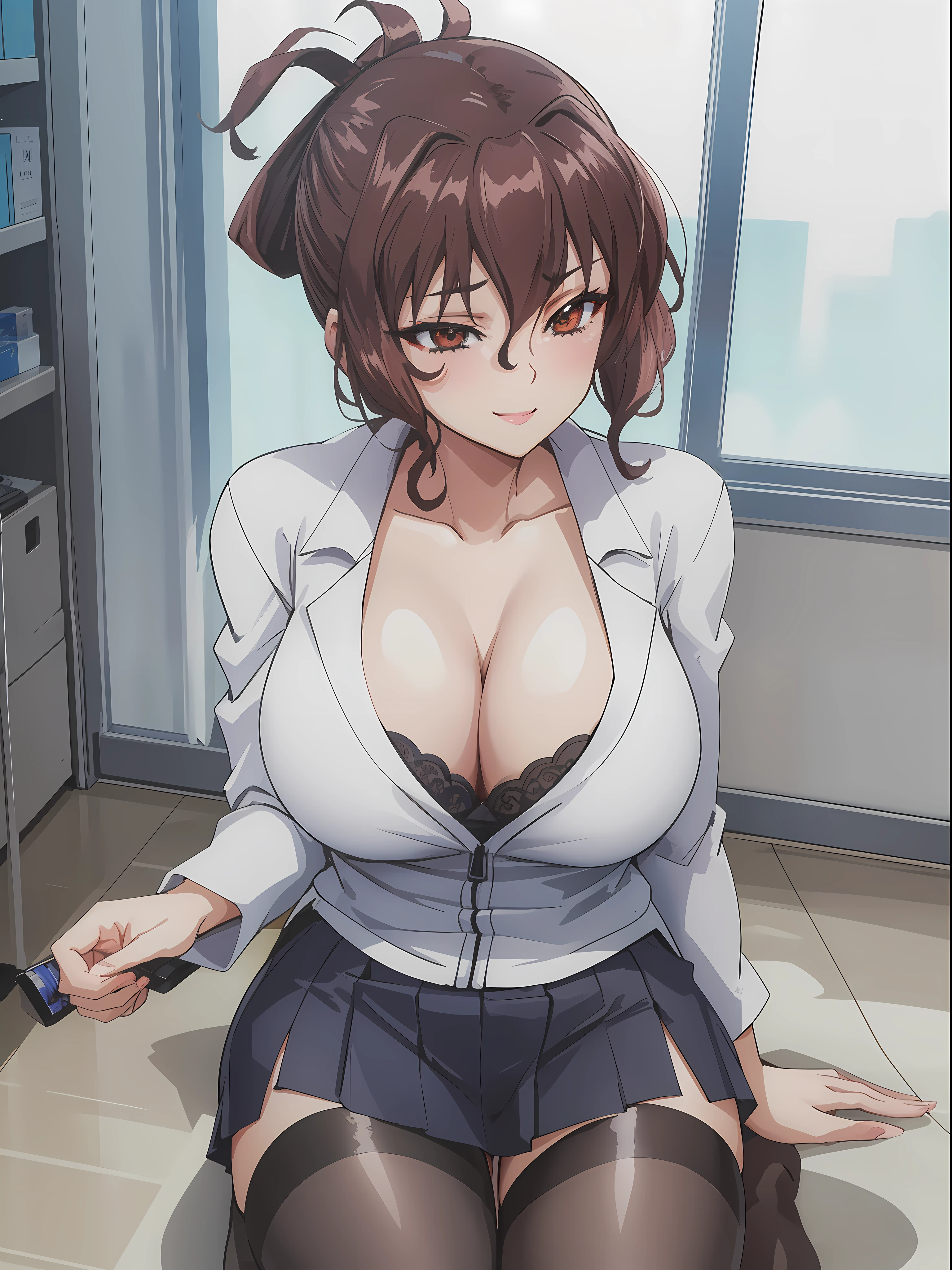 (masterpiece, best quality:1.4), high sharpness, Aiko Katsuragi, mature female, (full body shot:1.05) milf, curvy, 1girl, anime face, sitting on chair, tennis outfit, mini skirt, (thighhighs:1.05), makeup, large breasts, lipstick, brown eyes, folded ponytail, brown hair, cleavage, perfect body, (athletic body:1.1), perfect eyes, anime eyes, smoky eyeliner, eyeshadow, perfect face, smirking, sharp focus, medical room, professional artwork, intricate details, vivid colors, Diffused lighting, digital blending, ultra detailed body, ultra detail hair, ultra detail face, trending on pixiv,